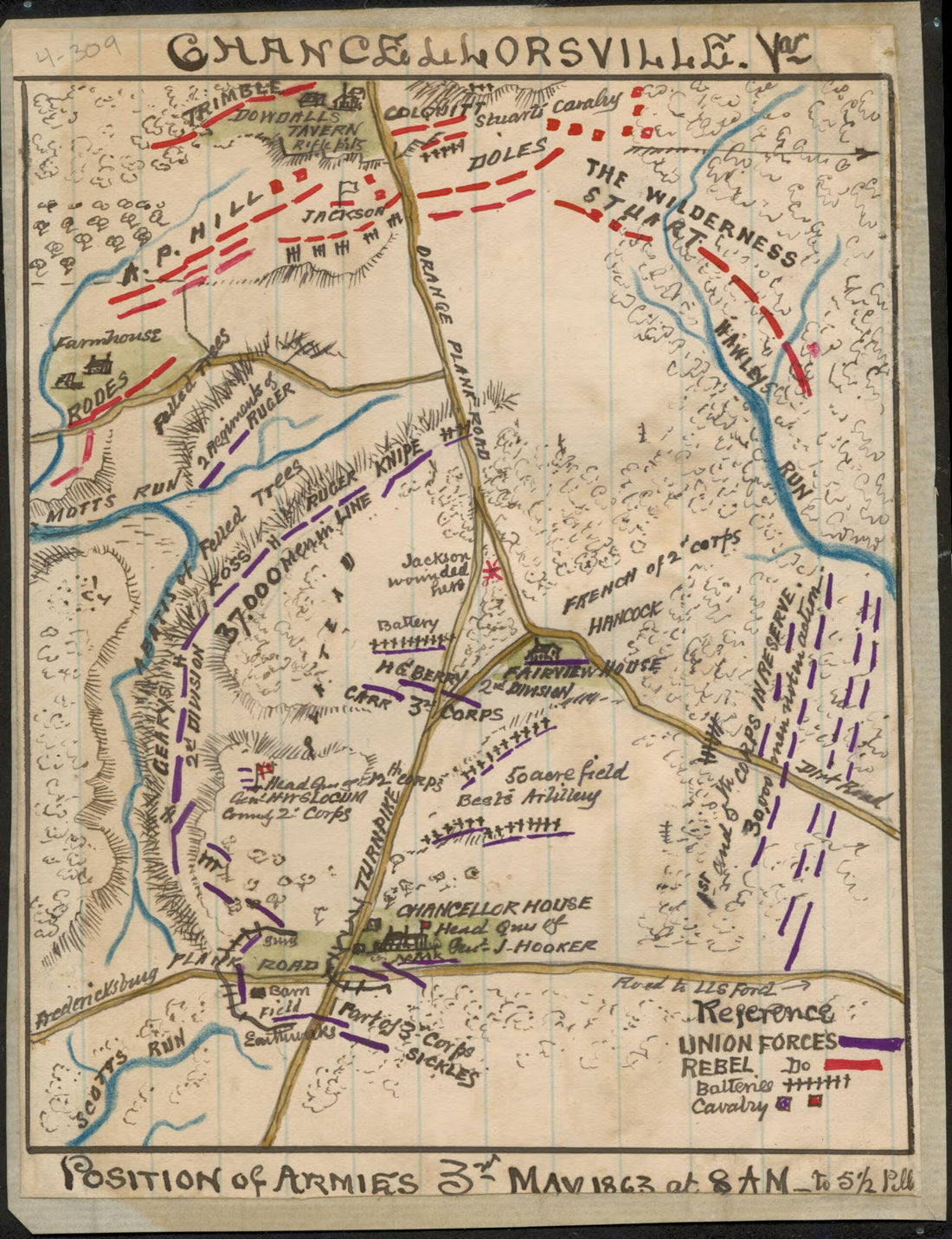 This old map of Chancellorsville, Va. Position of Armies 3rd May 1863 at 8 A.m. to 5 1/2 P.m from 05-03 was created by Robert Knox Sneden in 05-03