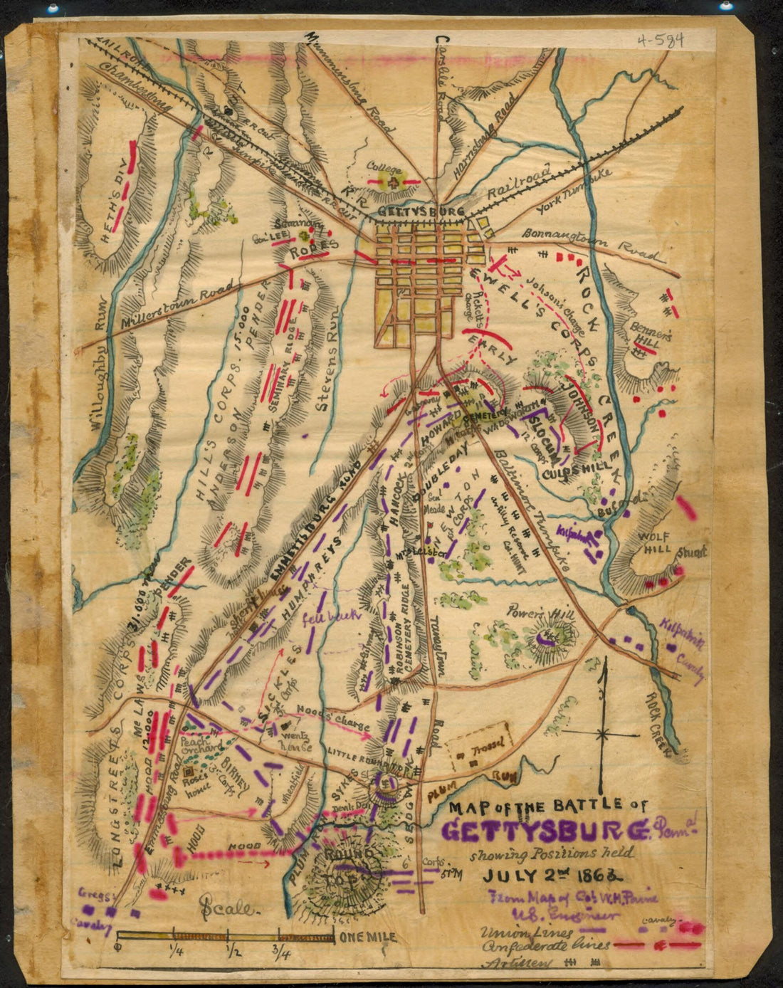 This old map of Map of the Battle of Gettysburg, Penna. : Showing Positions Held July 2nd 1863 from 07-02 was created by William H. Paine, Robert Knox Sneden in 07-02