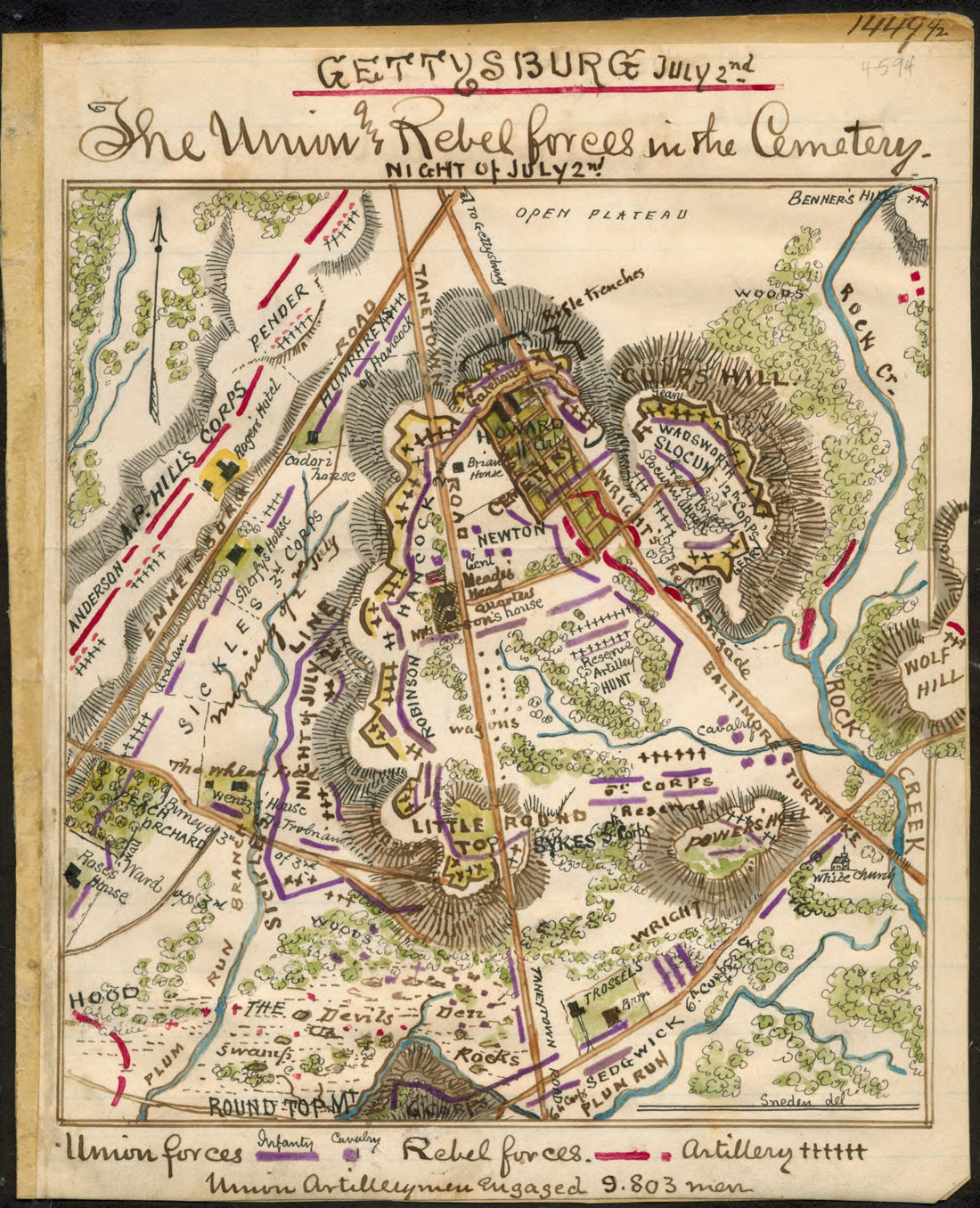 This old map of Gettysburg July 2nd the Union and Rebel Forces In the Cemetery from 07-02 was created by Robert Knox Sneden in 07-02