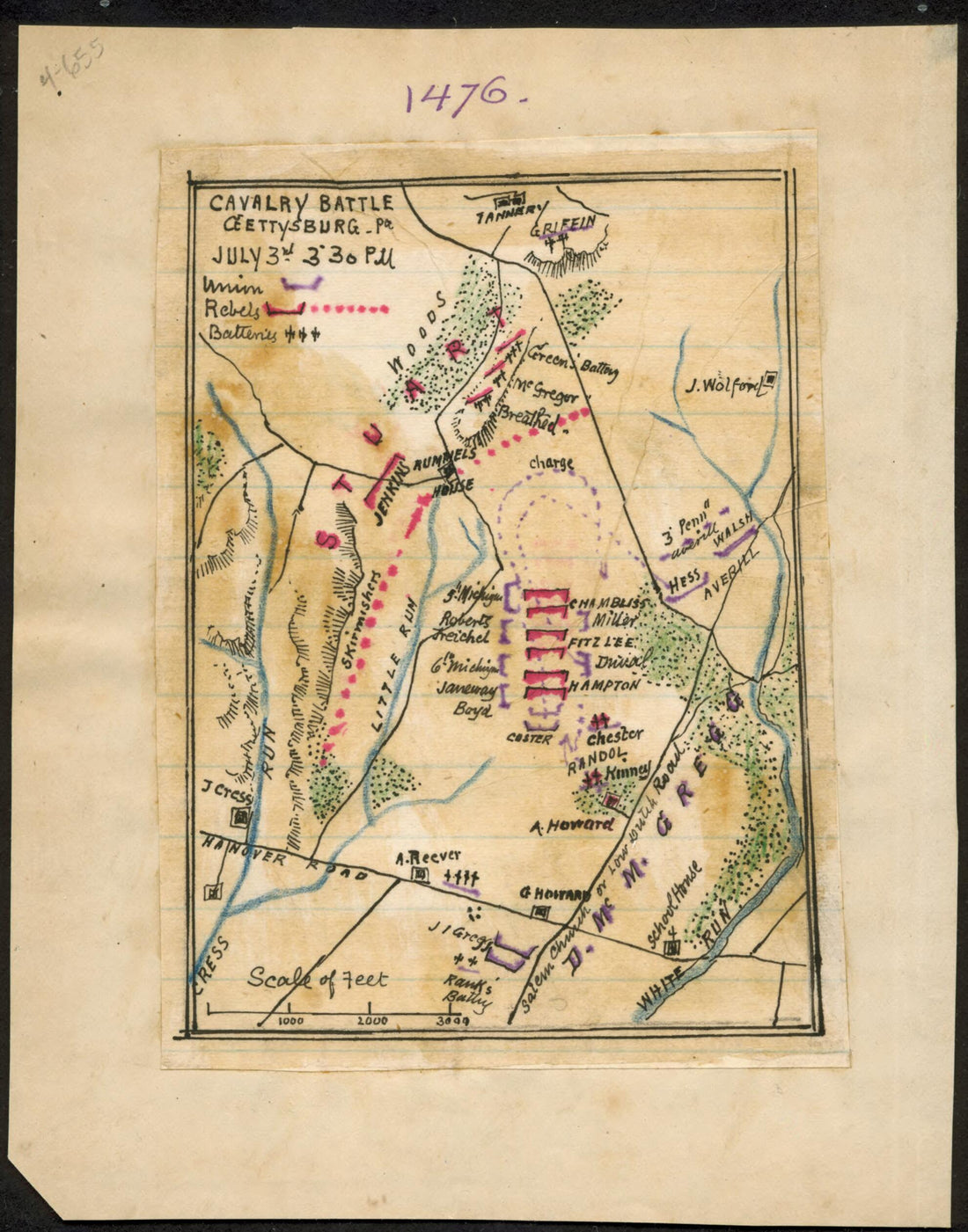 This old map of Cavalry Battle, Gettysburg, Pennsylvania July 3rd 3:30 P.m from 07-03 was created by Robert Knox Sneden in 07-03