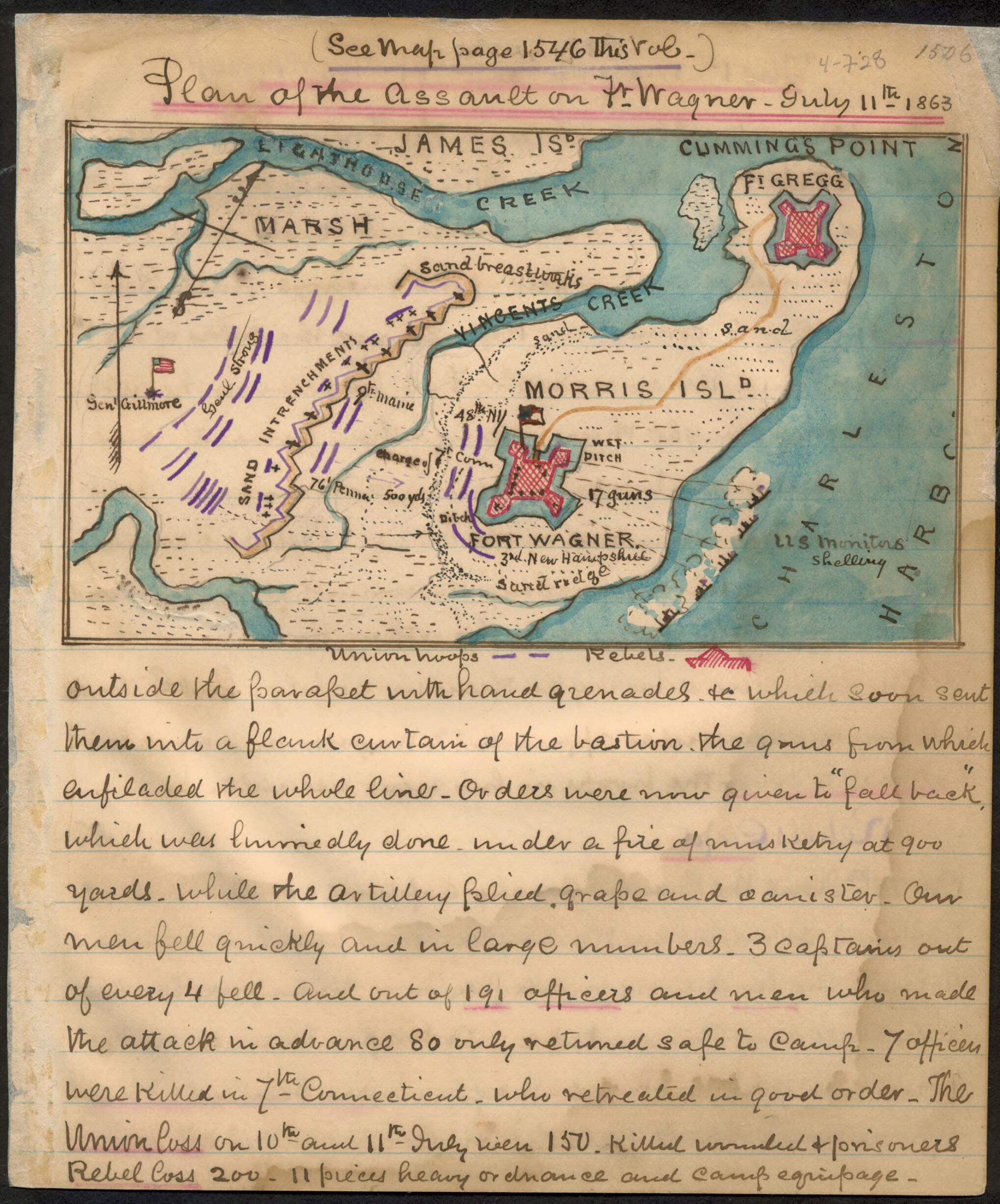 This old map of Plan of the Assault On Ft. Wagner, July 11th 1863 from 07-11 was created by Robert Knox Sneden in 07-11