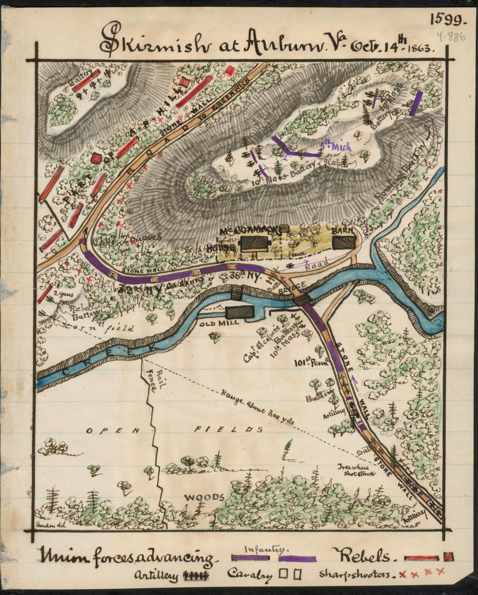 This old map of Skirmish at Auburn, Va., Oct. 14th, 1863 from 10-14 was created by Robert Knox Sneden in 10-14