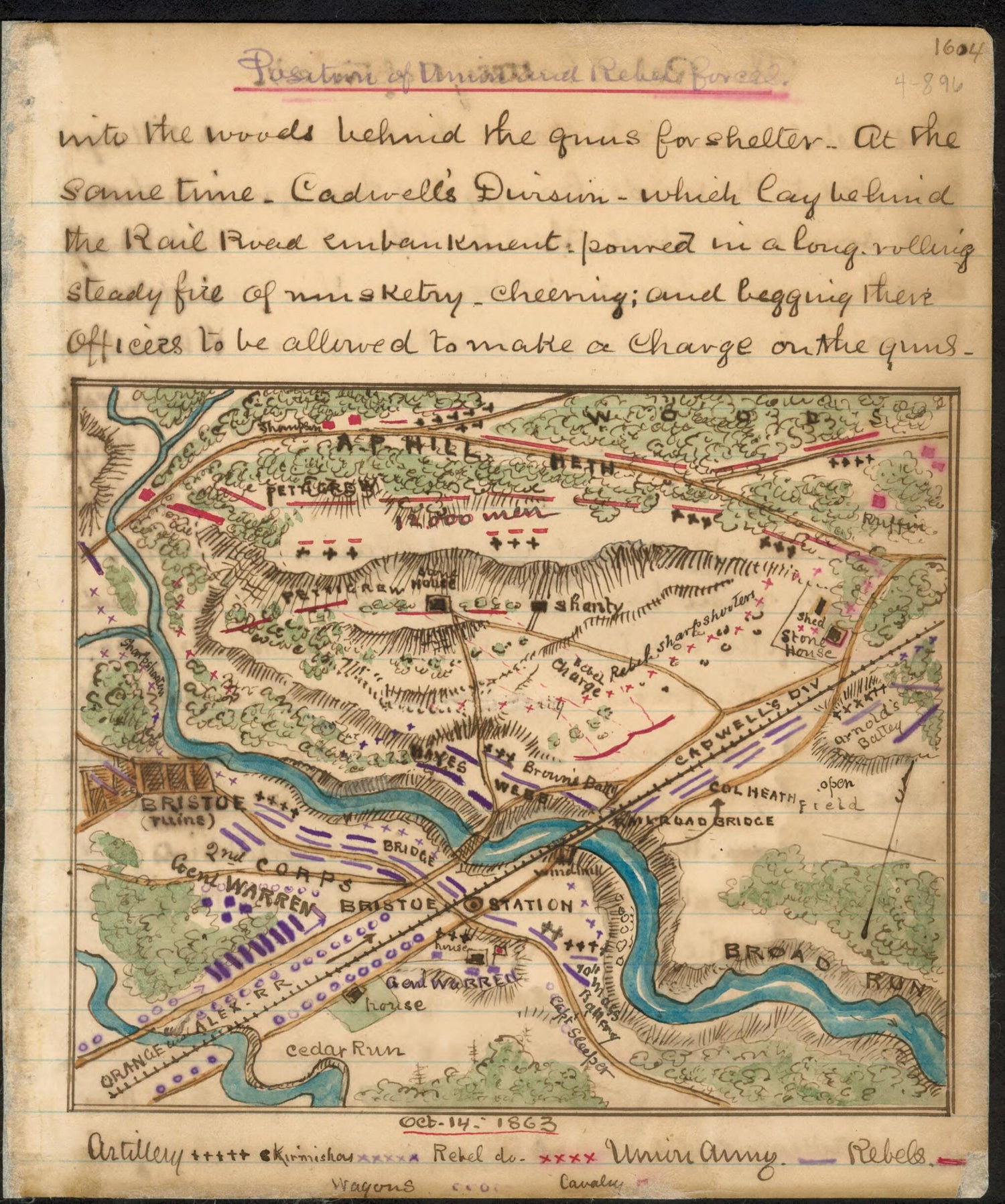 This old map of Position of Union and Rebel Forces, Oct. 14, 1863 from 10-14 was created by Robert Knox Sneden in 10-14