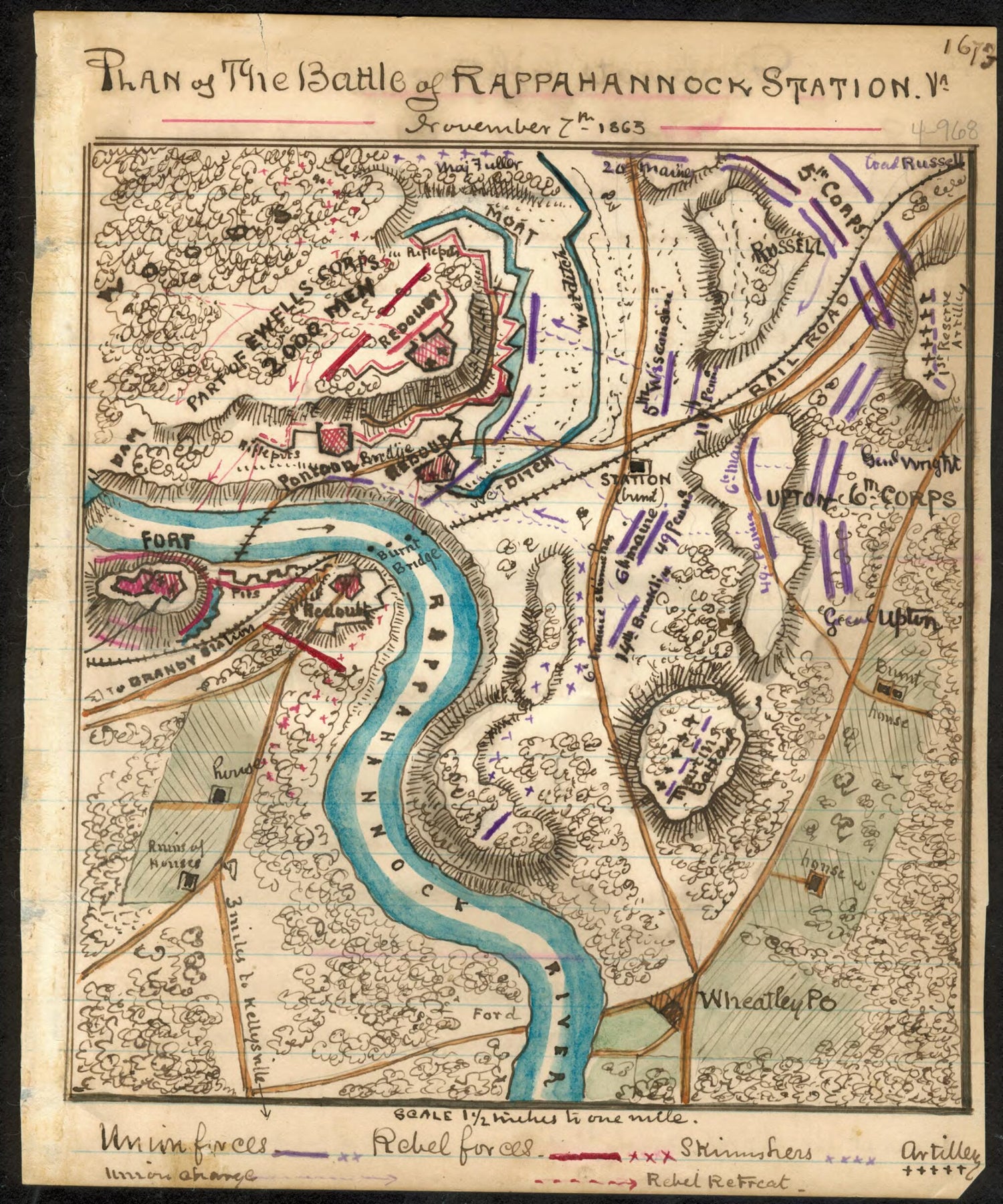 This old map of Plan of the Battle of Rappahannock Station November 7th 1863 from 11-07 was created by Robert Knox Sneden in 11-07