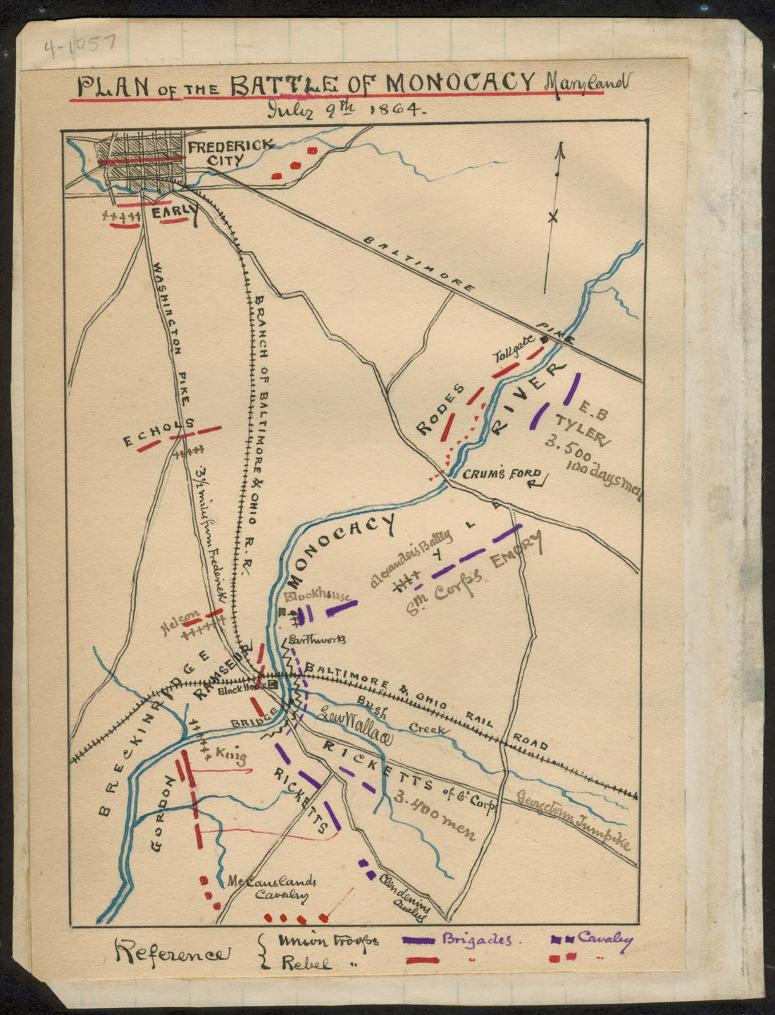 This old map of Plan of the Battle of Monocacy, Maryland, July 9th, 1864 from 07-09 was created by Robert Knox Sneden in 07-09