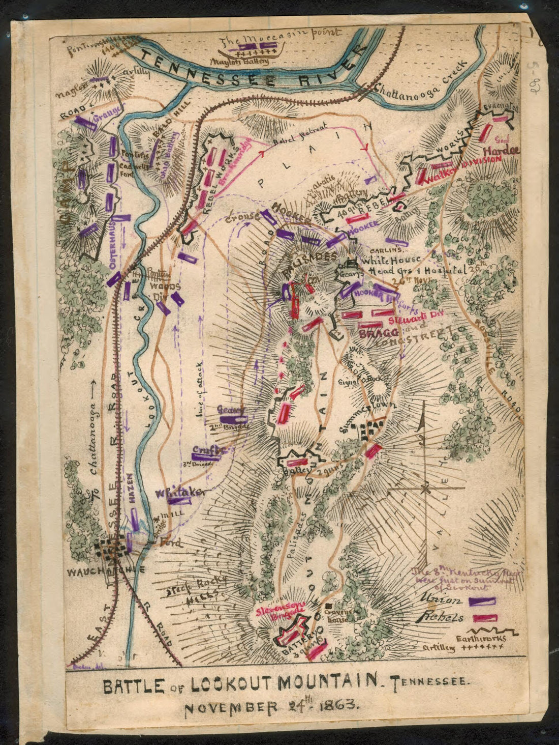 This old map of Battle of Lookout Mountain, Tennessee November 24th, 1863 from 1861 was created by Robert Knox Sneden in 1861