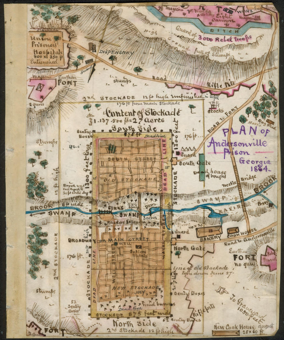 This old map of Plan of Andersonville Prison, Georgia from 1864 was created by Robert Knox Sneden in 1864