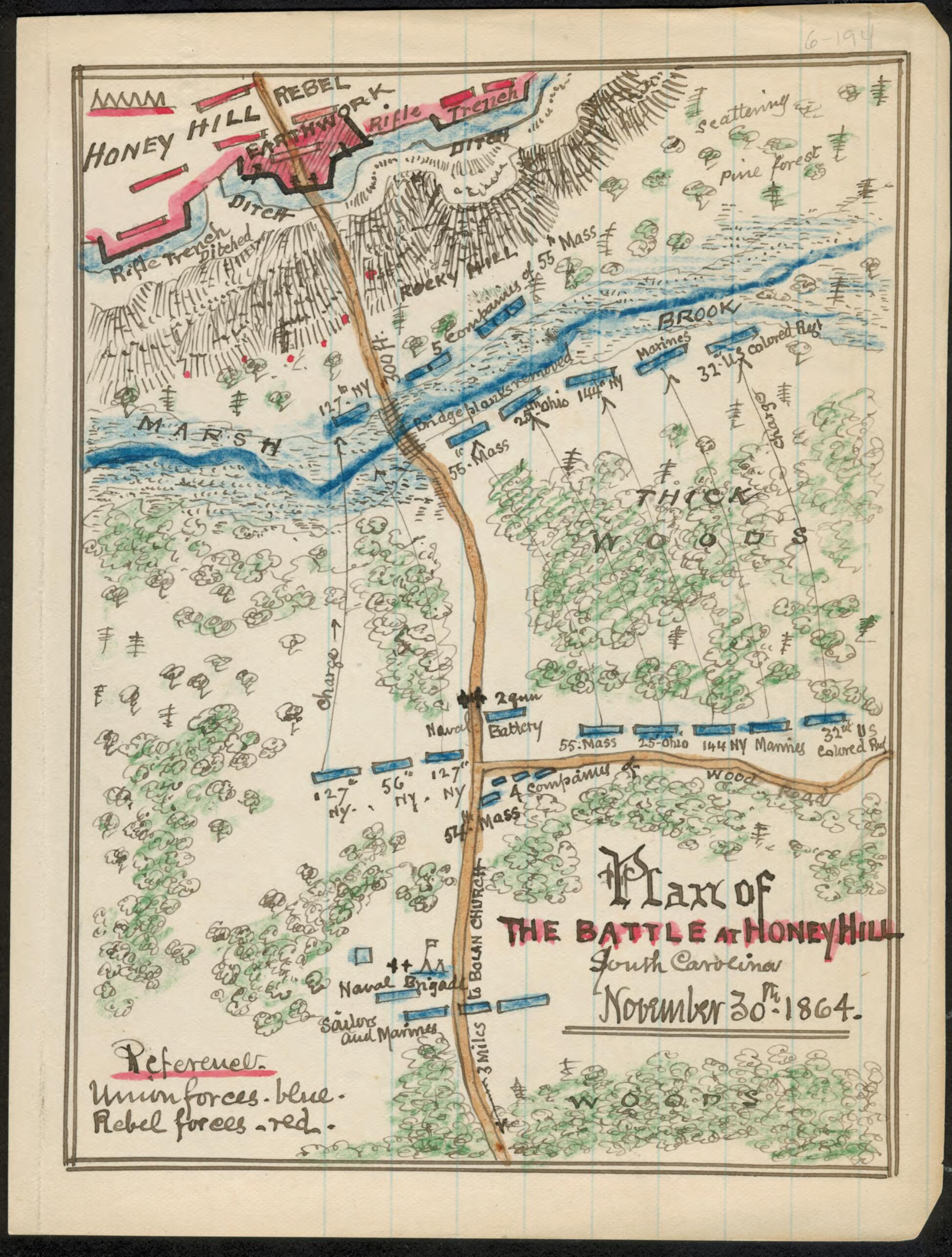 This old map of Plan of the Battle of Honey Hill, South Carolina, November 30th, 1864 from 11-30 was created by Robert Knox Sneden in 11-30