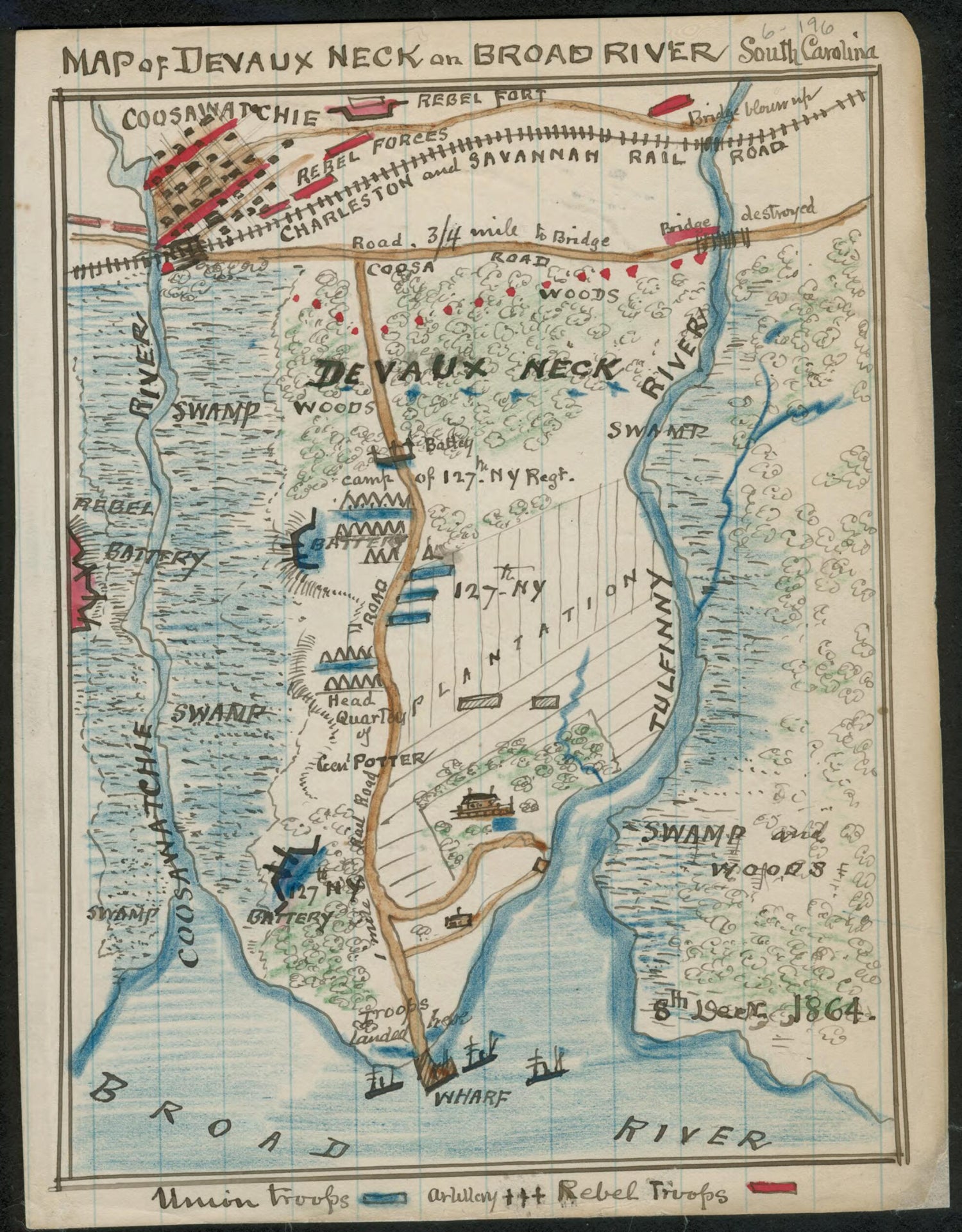 This old map of Map of Devaux Neck On Broad River, South Carolina from 12-08 was created by Robert Knox Sneden in 12-08