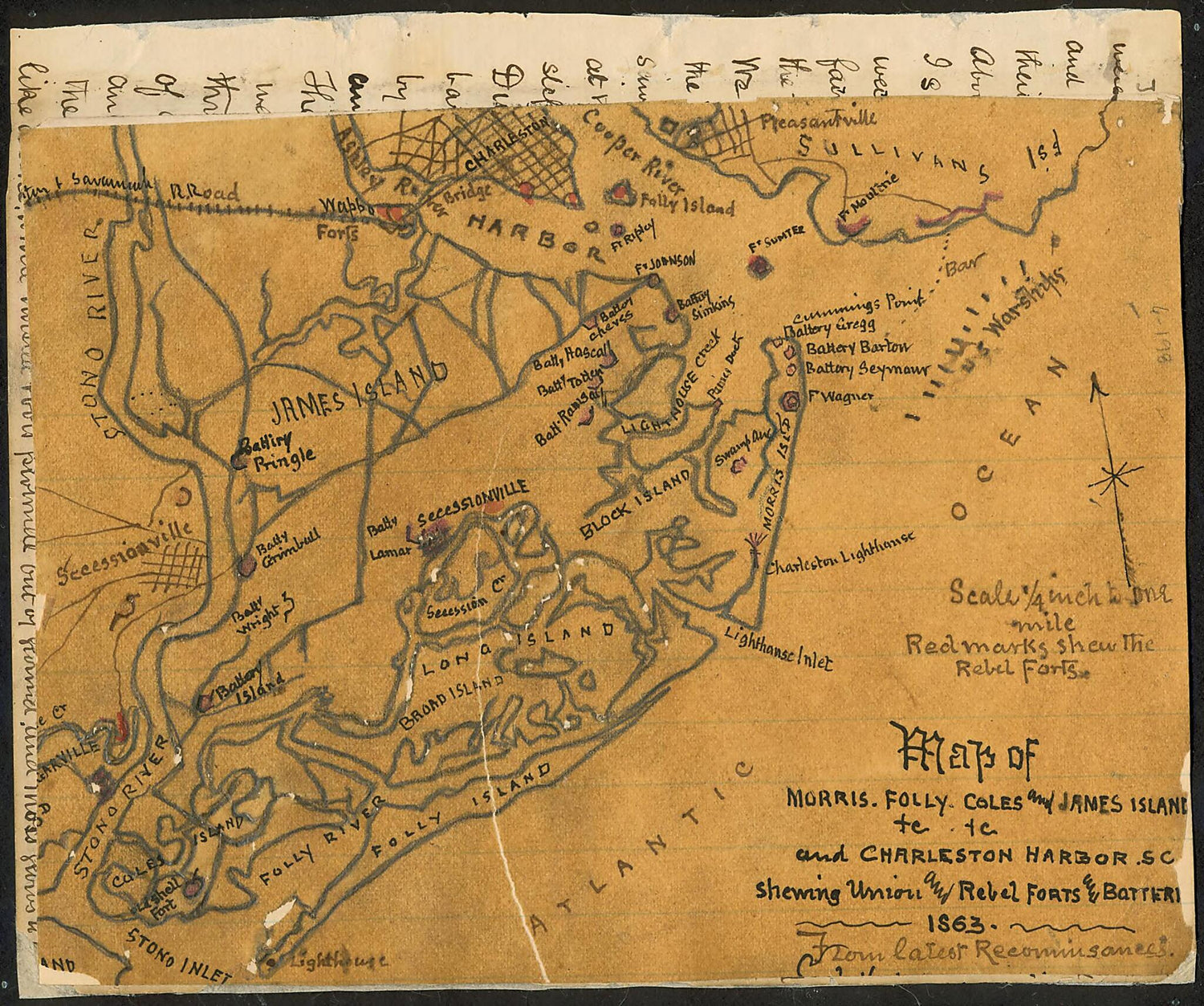 This old map of Map of Morris, Folly, Coles and James Islands Etc., and Charleston Harbor S.C. Shewing sic Union and Rebel Forts and Batteries, 1864 from 1863 was created by Robert Knox Sneden in 1863