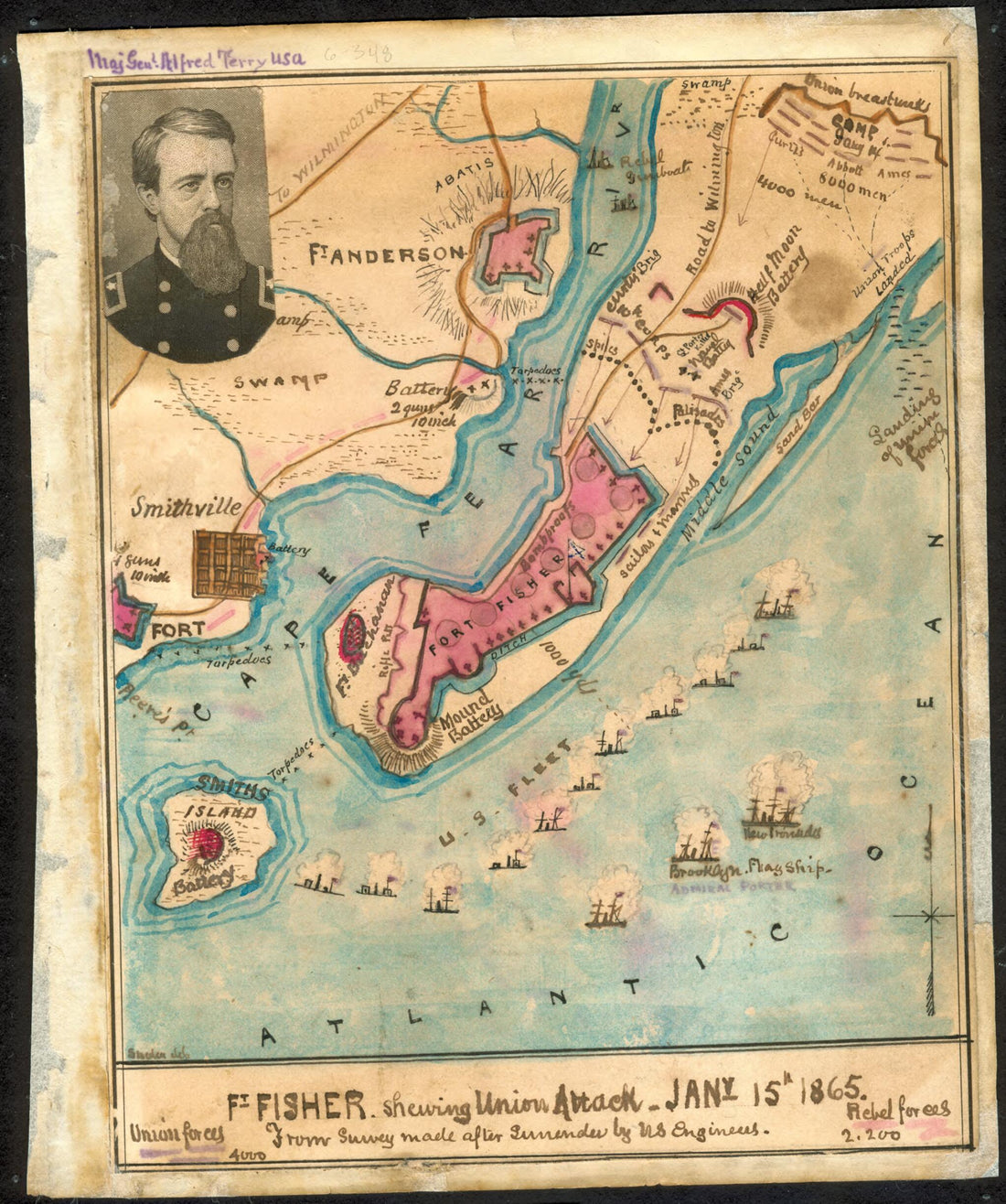 This old map of Ft. Fisher Shewing sic Union Attack, Jany 15th 1865 from Survey Made After Surrender by U.S. Engineers from 01-15 was created by Robert Knox Sneden in 01-15