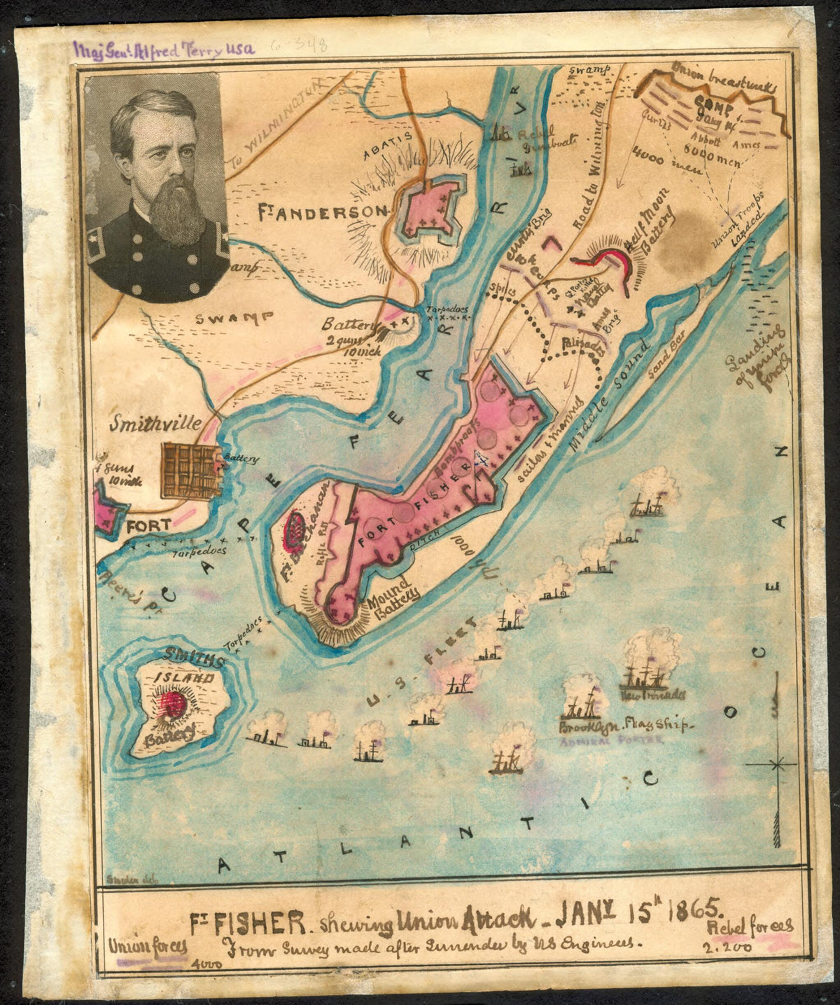 Ft. Fisher Shewing sic Union Attack, Jany 15th 1865 from Survey Made After Surrender by U.S. Engineers 01-15 by Relic Map Company