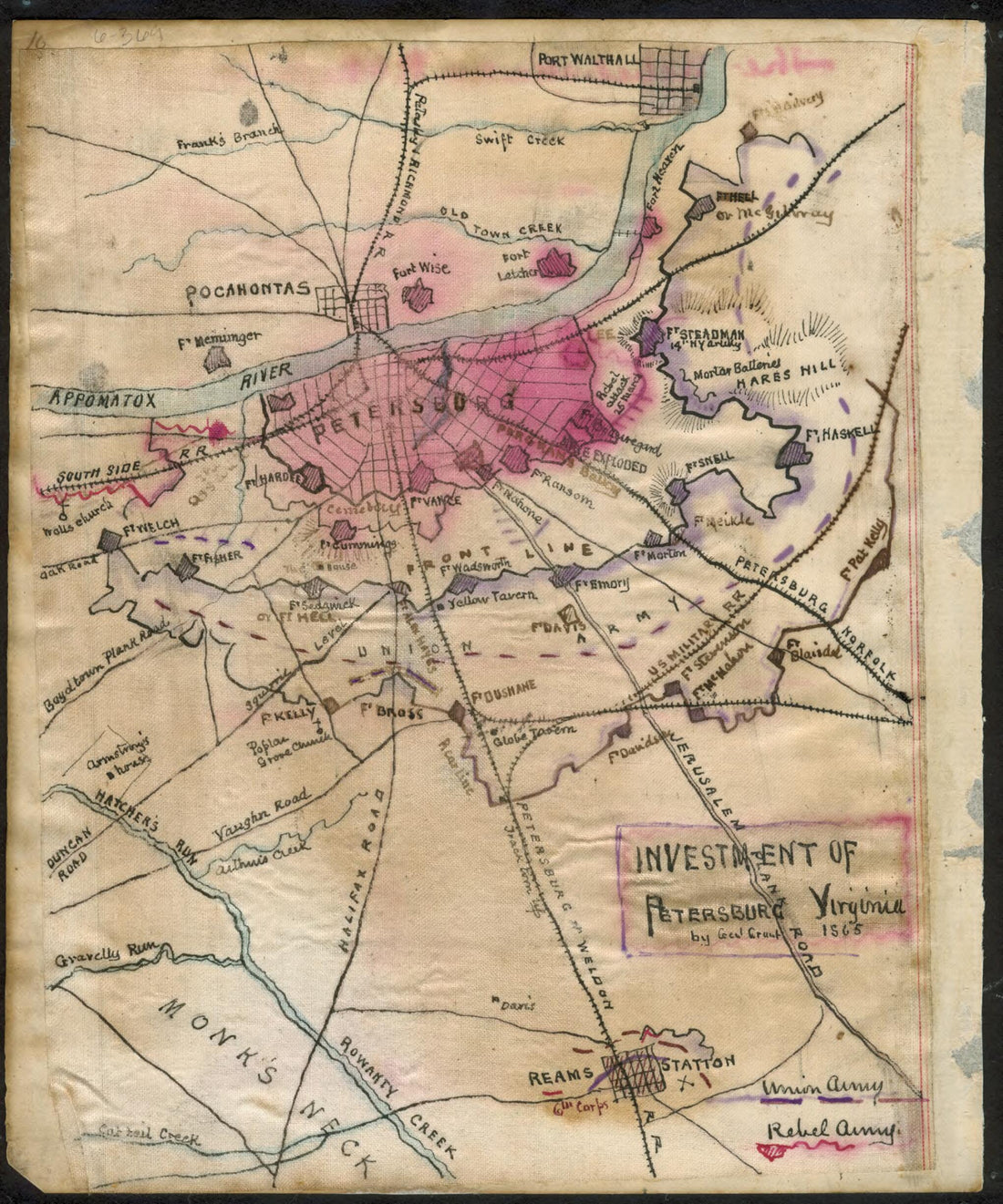 This old map of Investment of Petersburg by Genl. Grant from 1865 was created by Robert Knox Sneden in 1865