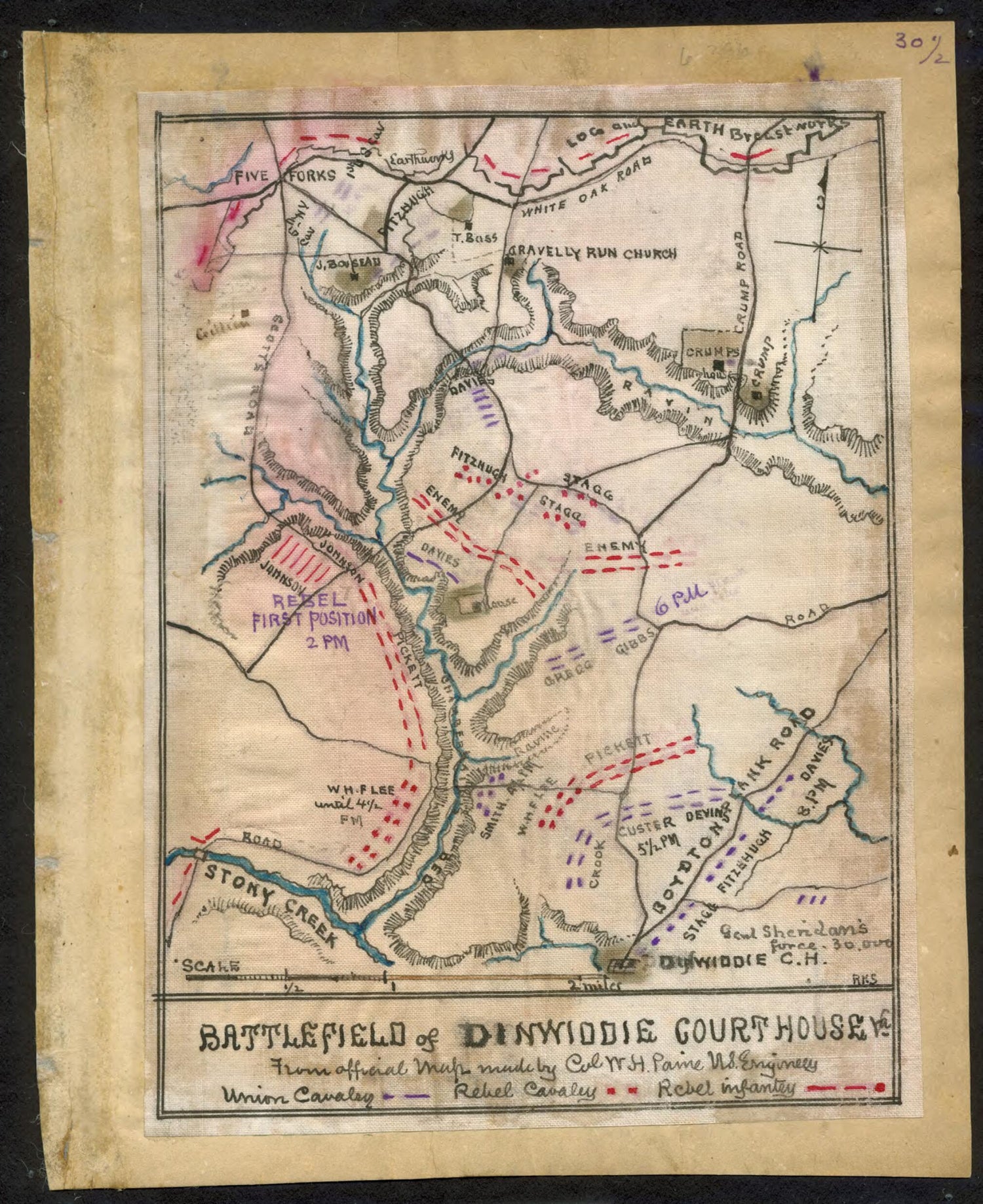 This old map of Battlefield of Dinwiddie Courthouse, Va. from Official Map Made by Col. W. H. Paine U.S. Engineers from 03-31 was created by William H. Paine, Robert Knox Sneden in 03-31