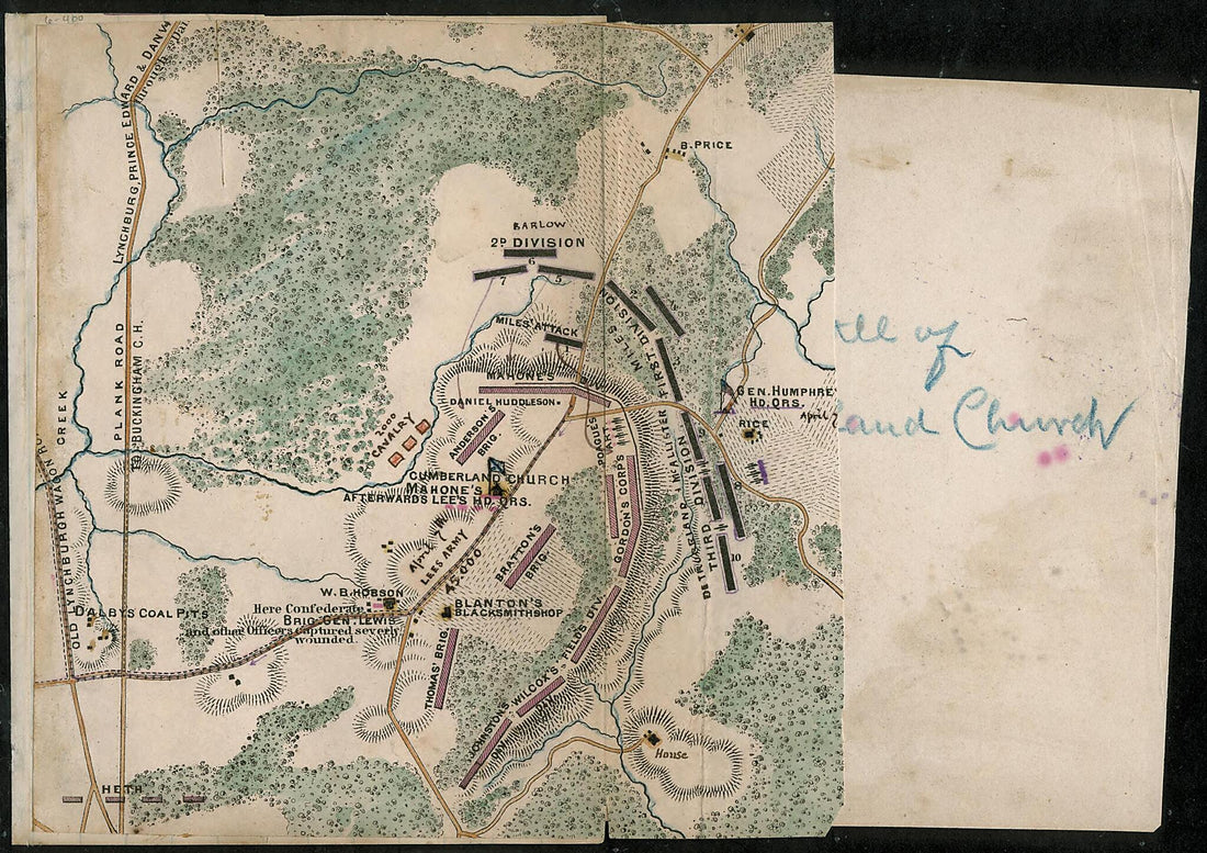 This old map of Battle of Cumberland Church from 04-07 was created by Robert Knox Sneden in 04-07