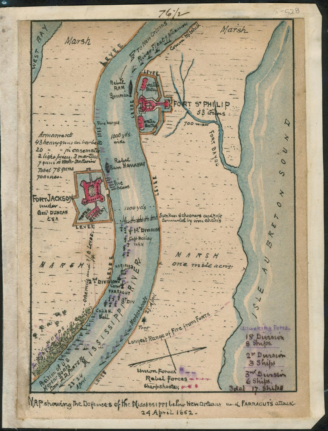 This old map of Map Showing the Defenses of the Mississippi Below New Orleans and Farragut&