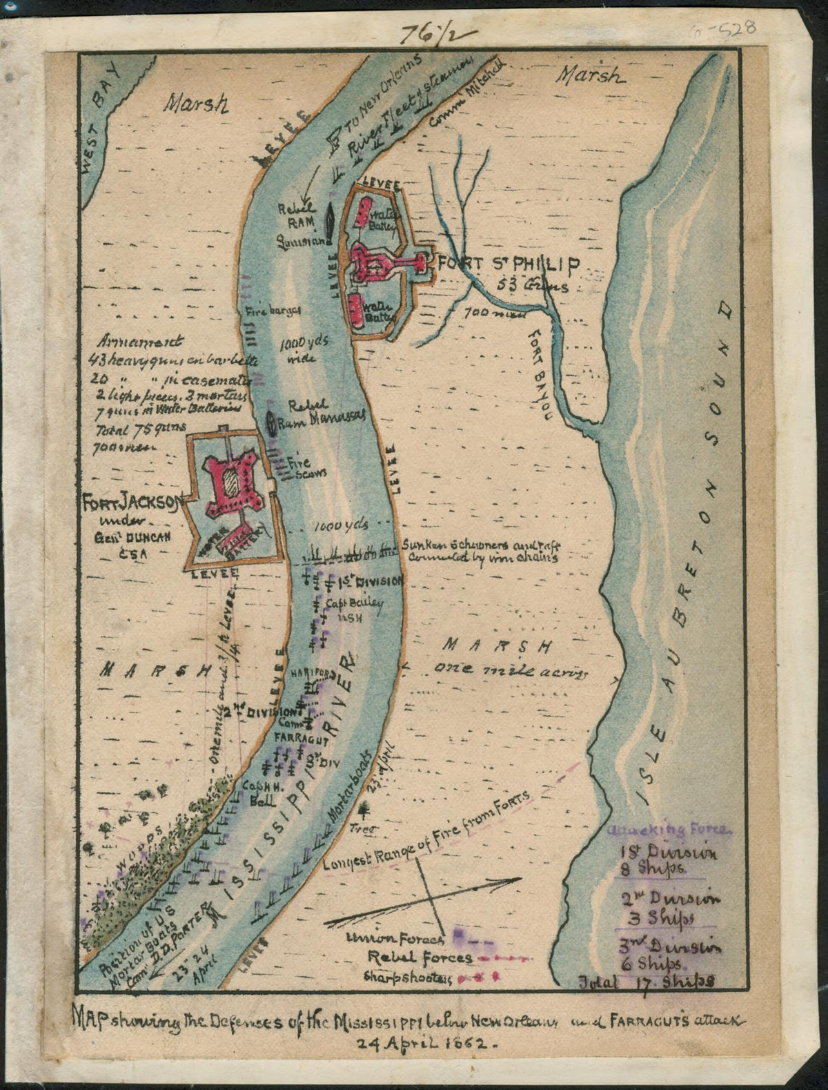 Map Showing the Defenses of the Mississippi Below New Orleans and Farragut&