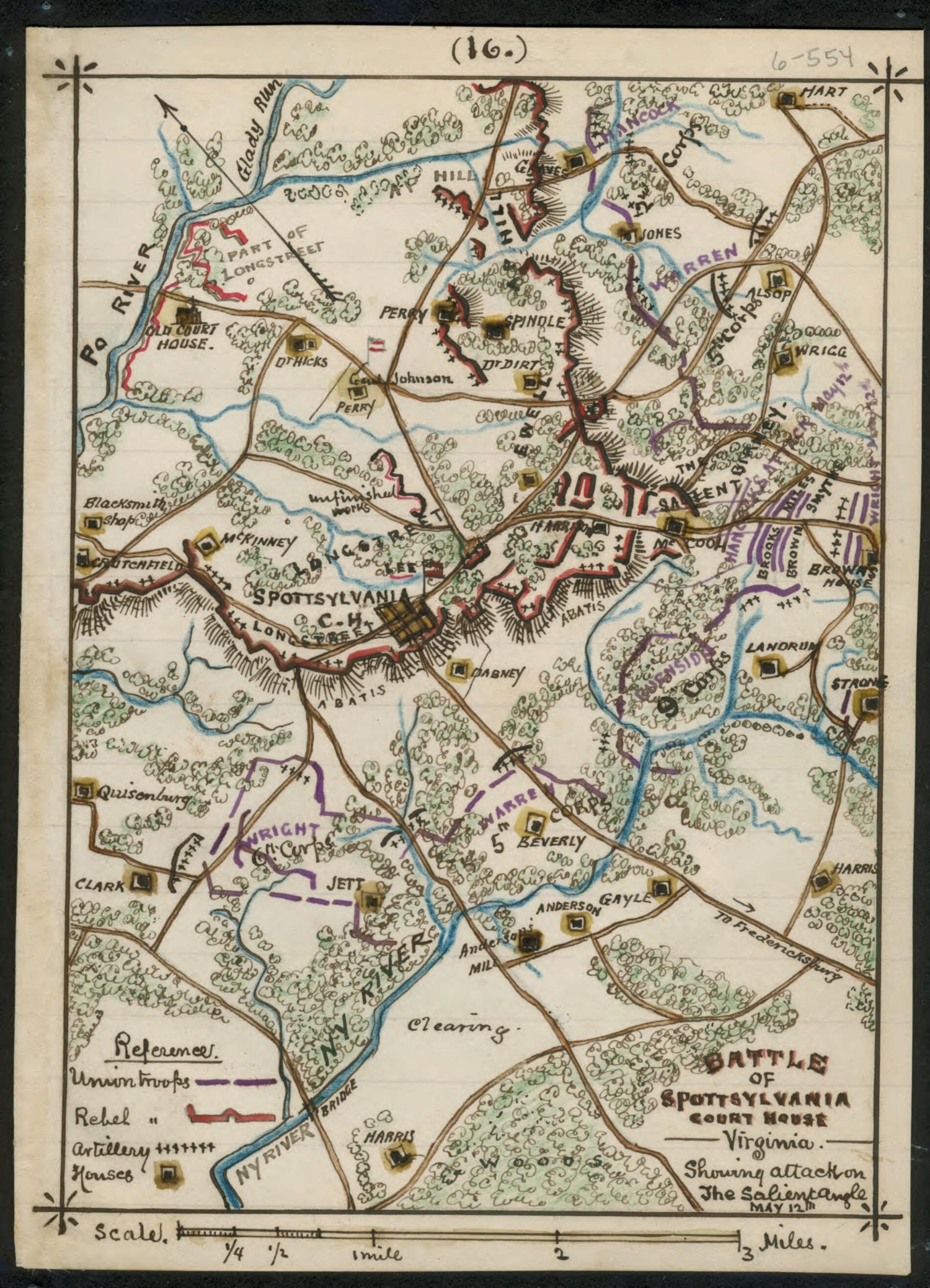 This old map of Battle of Spotsylvania Courthouse, Virginia Showing Attack On the Salient Angle May 12th from 05-12 was created by Robert Knox Sneden in 05-12