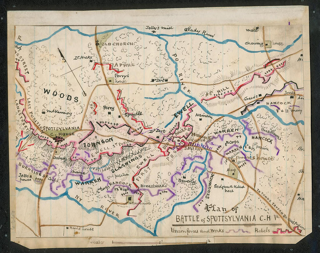 This old map of Plan of Battle of Spotsylvania Court House, Va from 05-12 was created by Robert Knox Sneden in 05-12