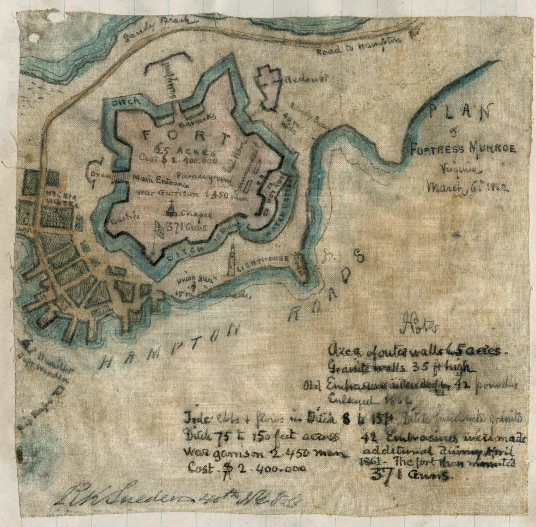 This old map of Plan of Fortress Monroe, Virginia, March 6, 1862 from 03-06 was created by Robert Knox Sneden in 03-06