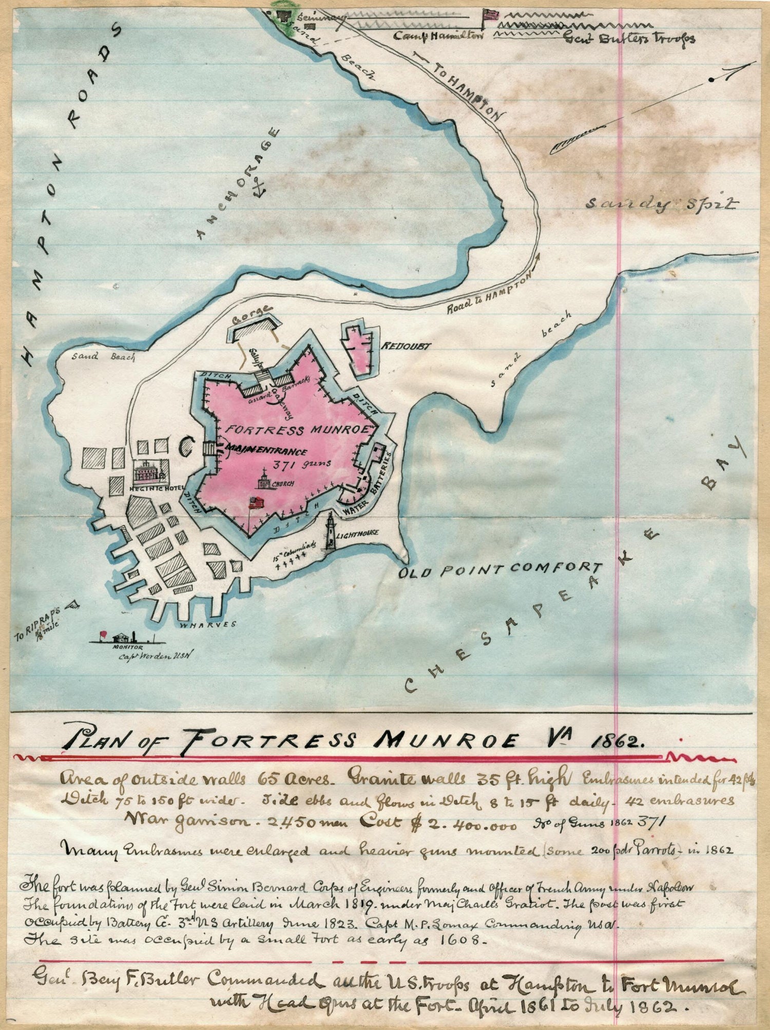 This old map of Plan of Fortress Munroe sic, Va., from 1862 was created by Robert Knox Sneden in 1862