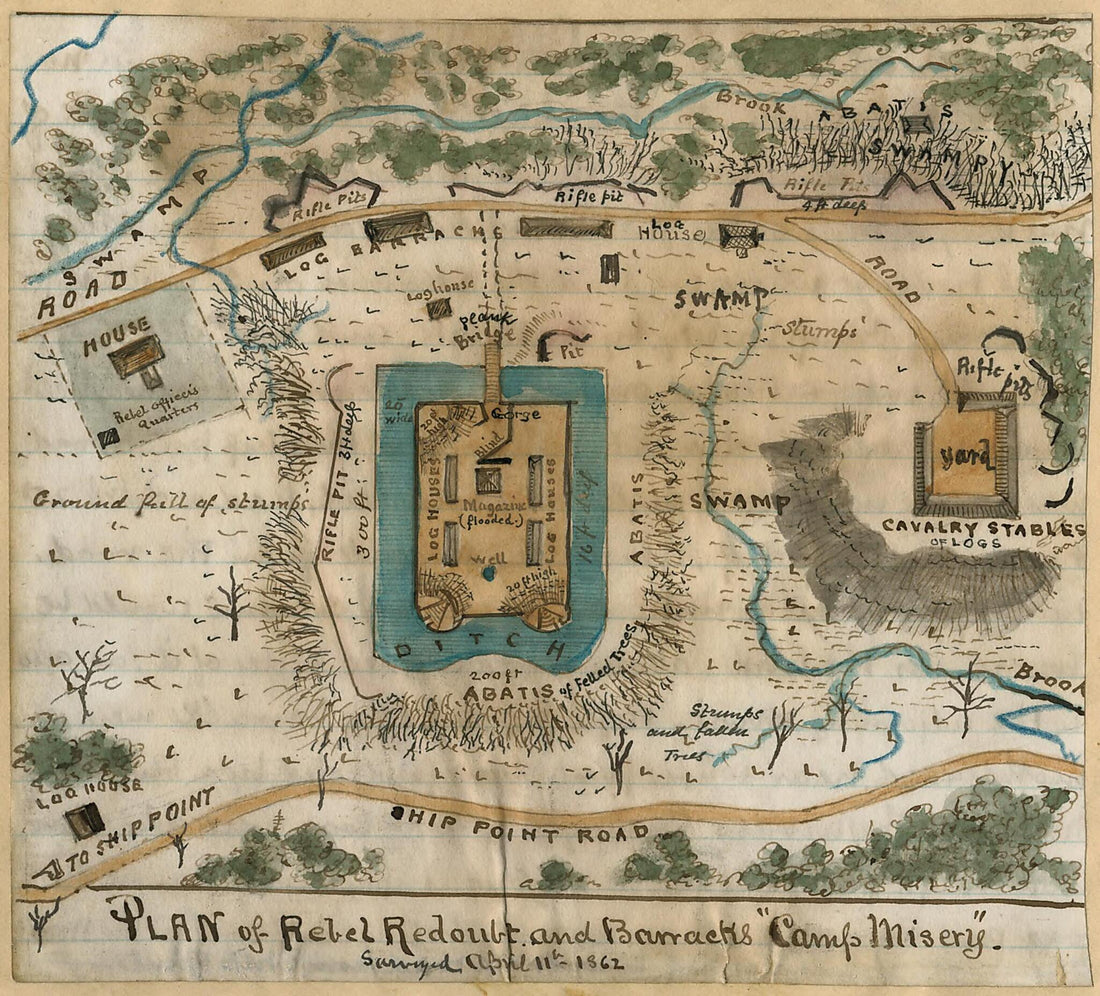 This old map of Plan of Rebel Redoubt and Barracks at Camp Misery : Surveyed April 11th 1862 from 04-11 was created by Robert Knox Sneden in 04-11