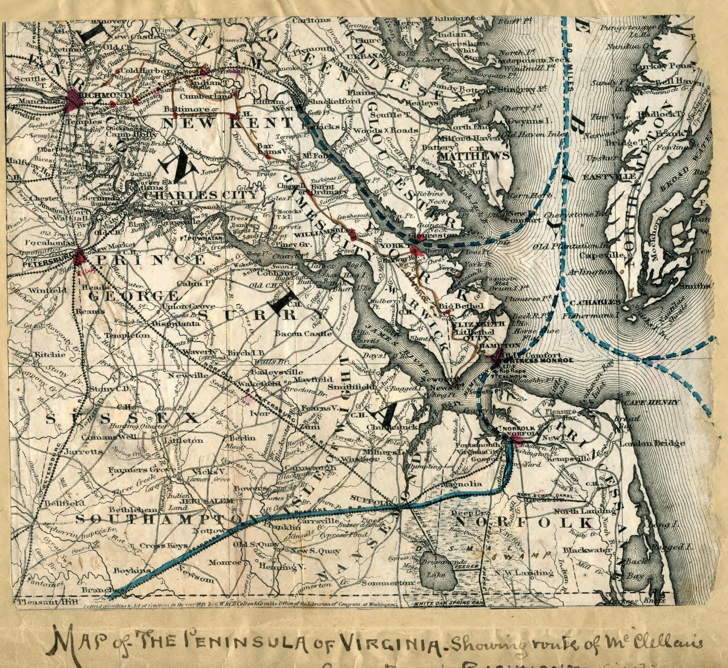 This old map of Map of the Peninsula of Virginia : Showing Route of McClellan&