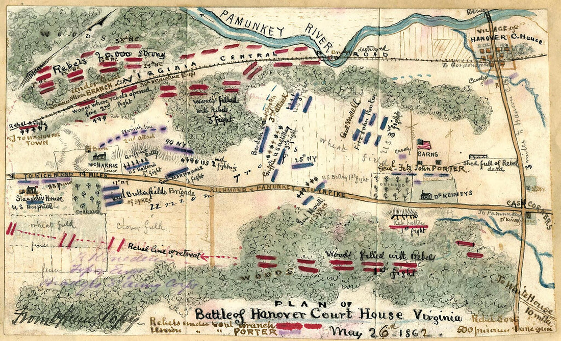 This old map of Battle of Hanover Court House, Virginia, May 26, 1862 from 05-26 was created by Robert Knox Sneden in 05-26