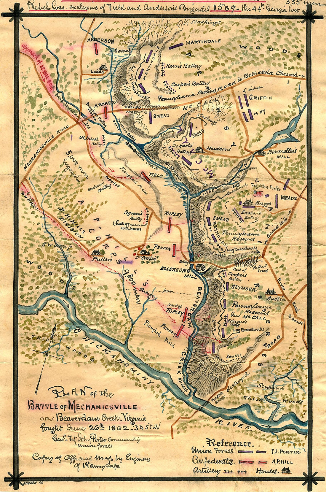 This old map of Plan of the Battle of Mechanicsville Or Beaverdam Creek, Virginia : Fought June 26th 1862, 3 to 5 P.m from 06-26 was created by Robert Knox Sneden in 06-26