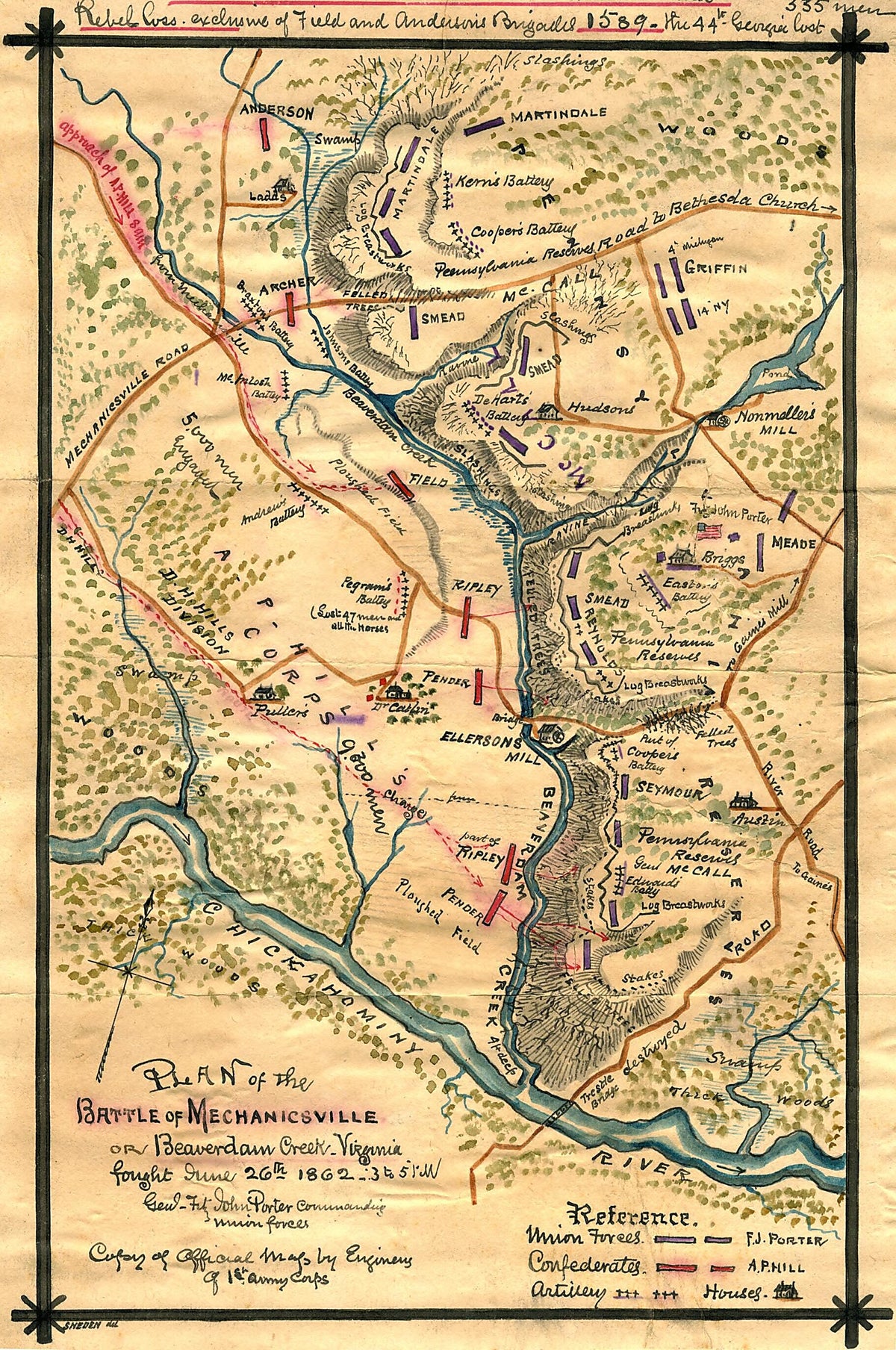 Plan of the Battle of Mechanicsville Or Beaverdam Creek, Virginia : Fought June 26th 1862, 3 to 5 P.m 06-26 by Relic Map Company