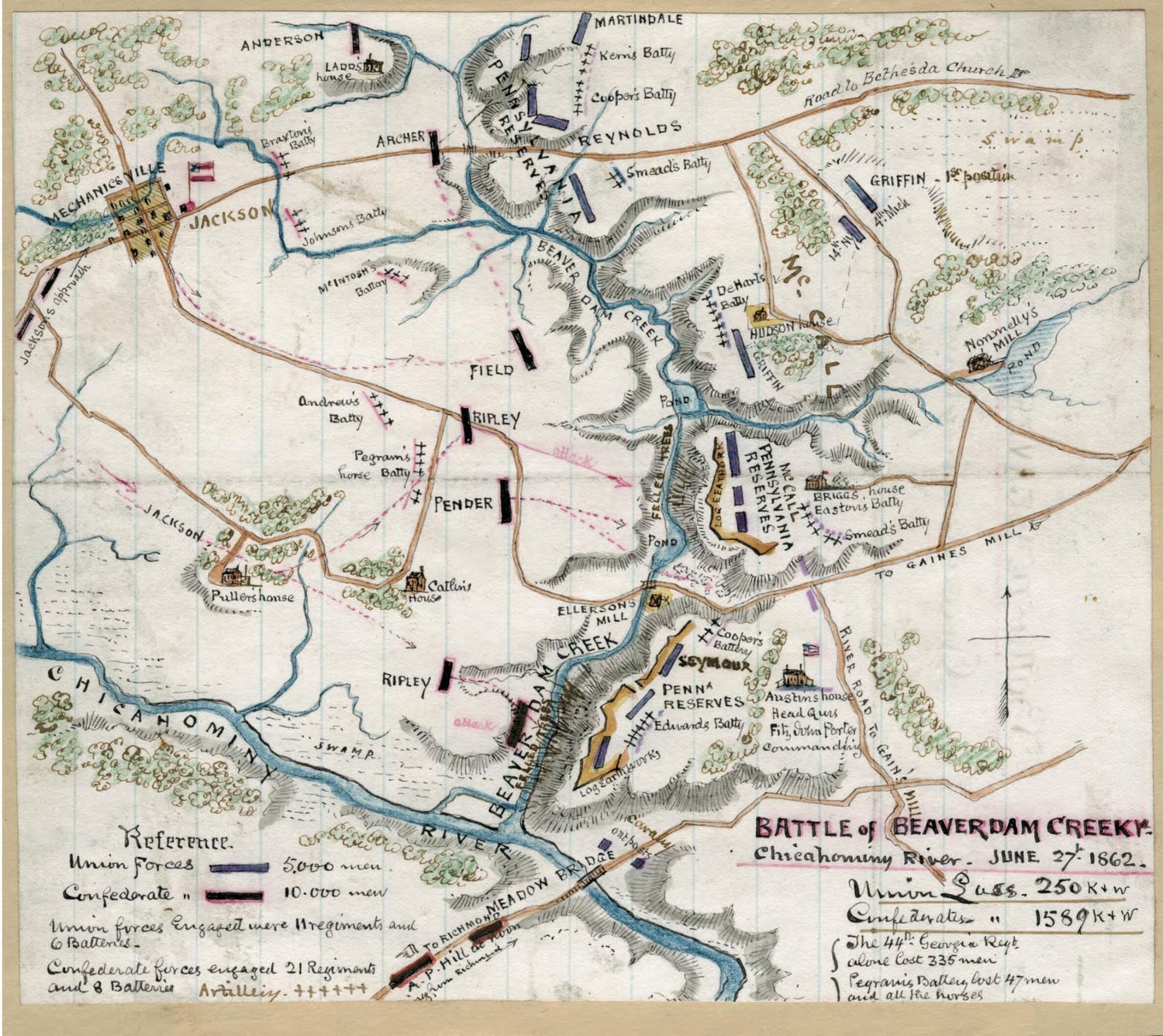 This old map of Battle of Beaverdam Creek Va., Chickahominy River, June 27th 1862 from 06-27 was created by Robert Knox Sneden in 06-27