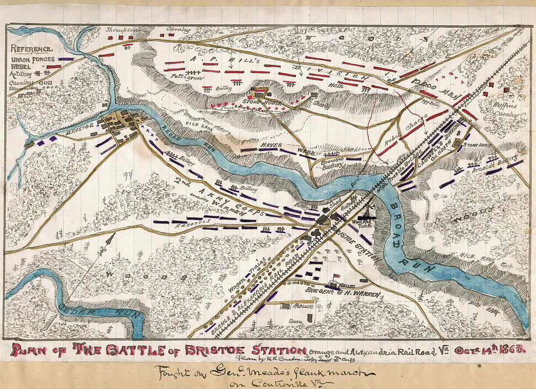 This old map of Plan of the Battle of Bristoe Station, Orange and Alexandria Railroad, Va., Octr. 14th 1863 from 10-14 was created by Robert Knox Sneden in 10-14