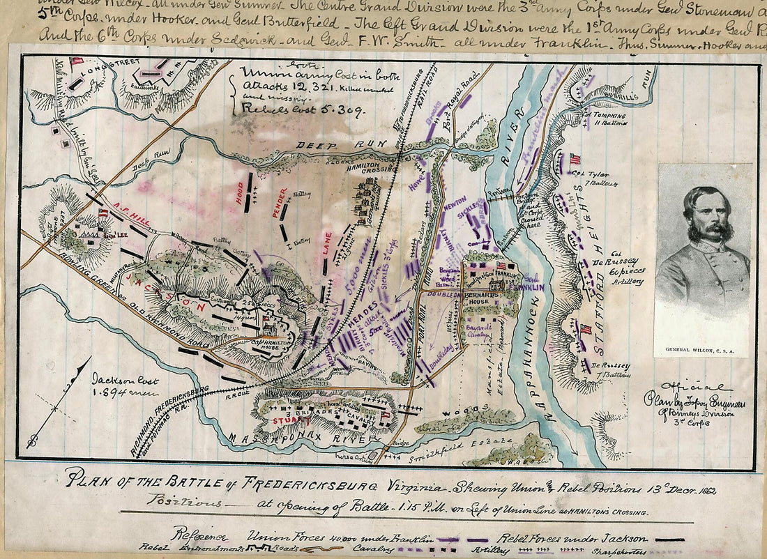 This old map of Plan of the Battle of Fredericksburg, Virginia : Shewing sic Union and Rebel Positions 13th Decr 1862 from 12-13 was created by Robert Knox Sneden in 12-13