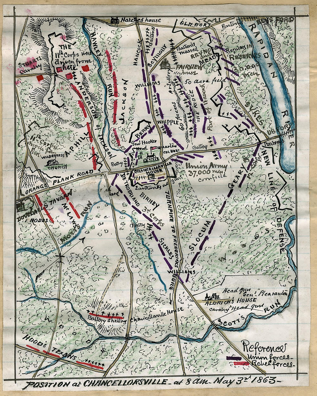 This old map of Position at Chancellorsville at 8 A.m. May 3rd 1863 from 05-03 was created by Robert Knox Sneden in 05-03