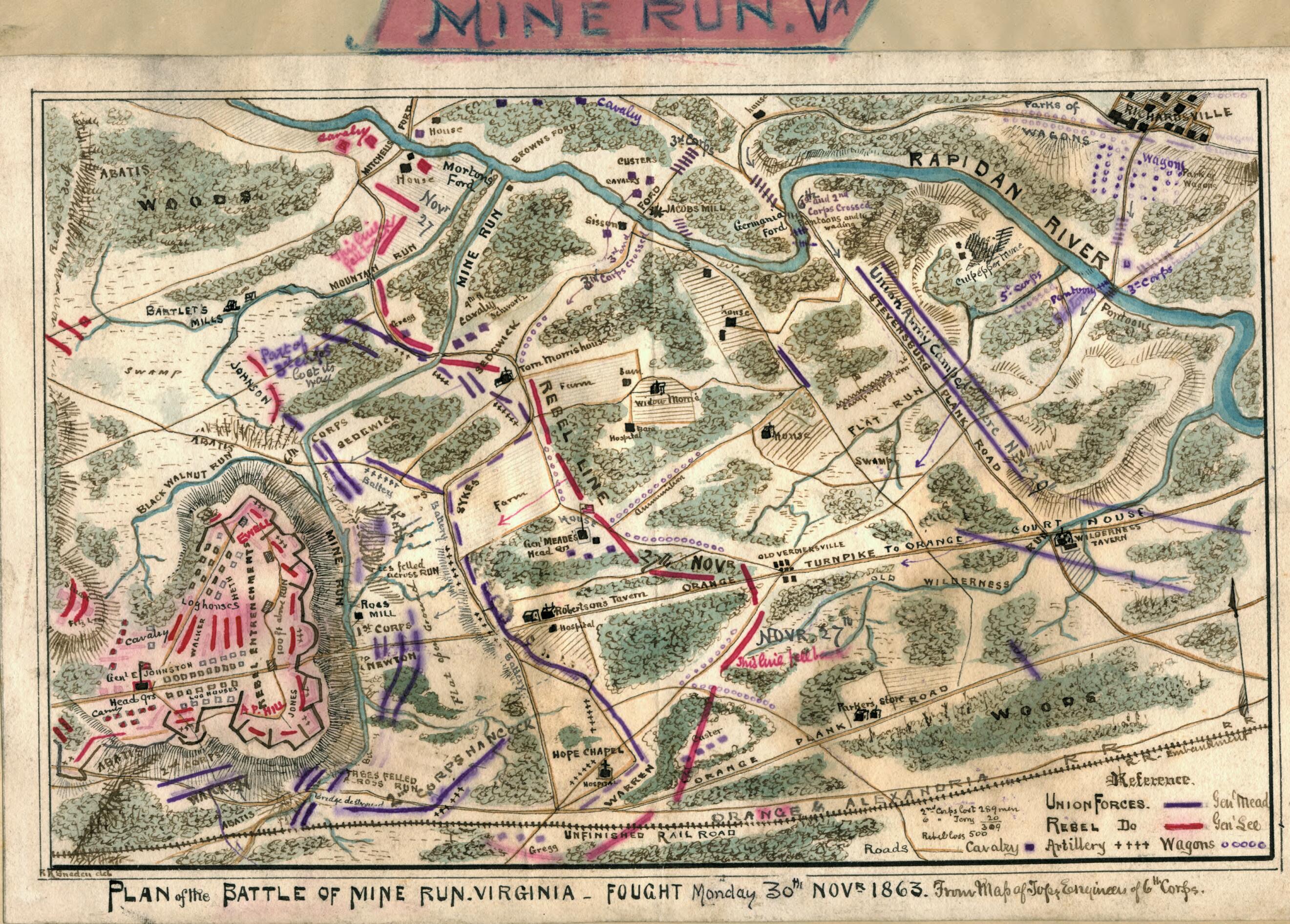 This old map of Plan of the Battle of Mine Run, Virginia : Fought Monday 30th Novr. 1863 from 11-30 was created by Robert Knox Sneden in 11-30