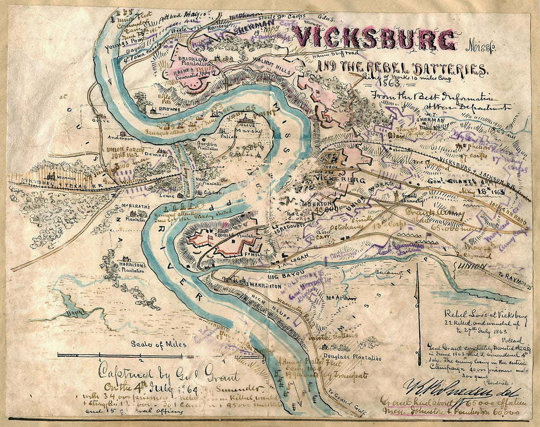 This old map of Vicksburg Missp. and the Rebel Batteries from 1863 was created by Robert Knox Sneden in 1863