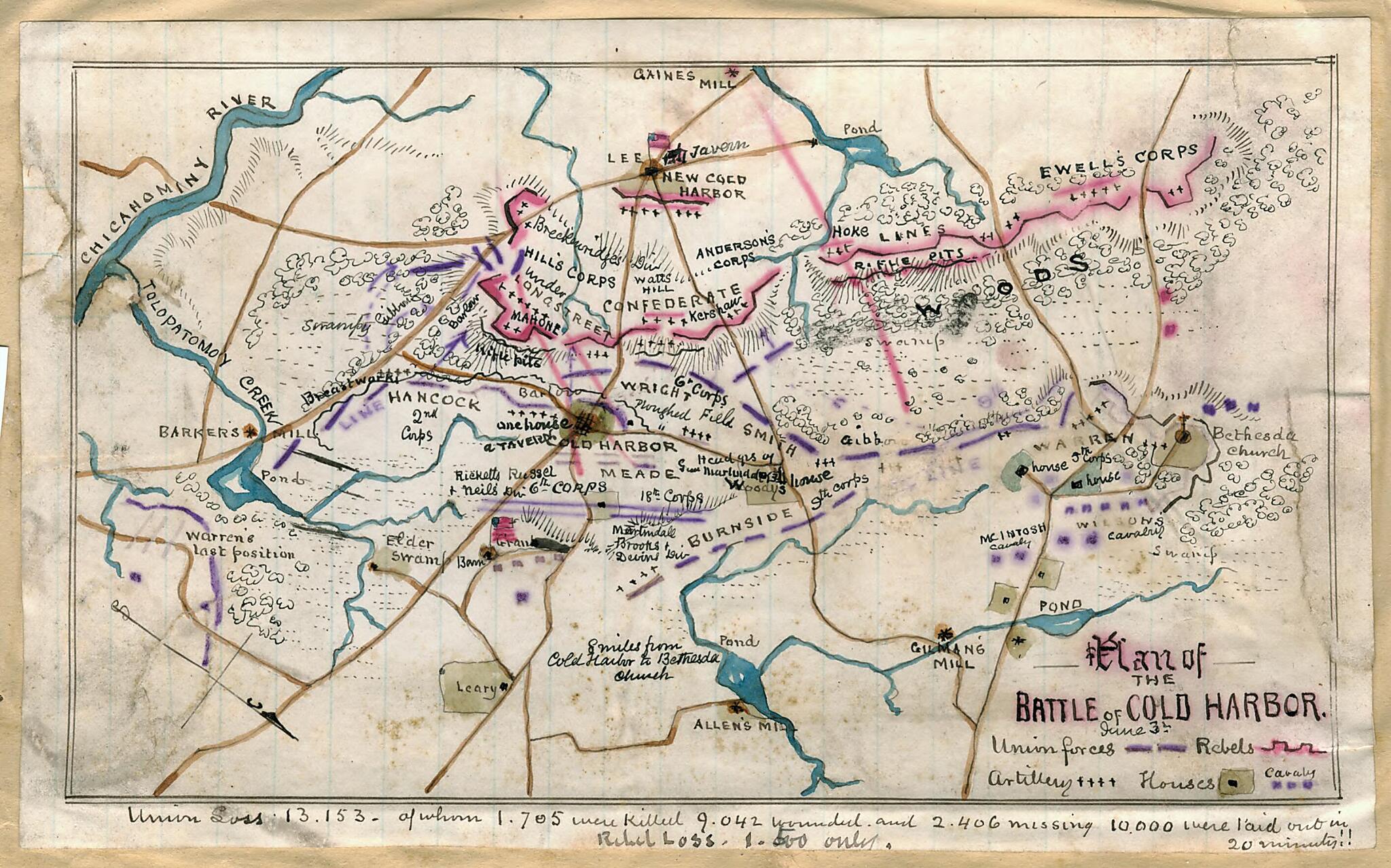 This old map of Plan of the Battle of Cold Harbor, June 3rd from 06-03 was created by Robert Knox Sneden in 06-03