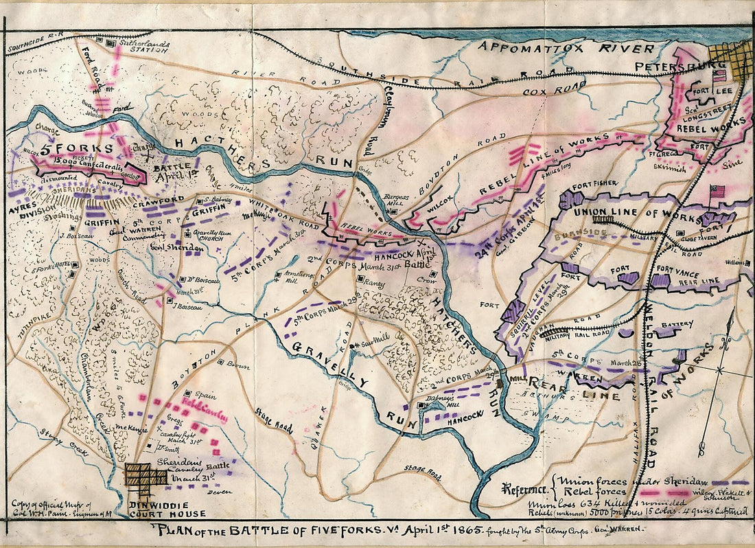 This old map of Plan of the Battle of Five Forks, Va., April 1st 1865 : Fought by 5th Army Corps Genl Warren from 04-01 was created by Robert Knox Sneden in 04-01