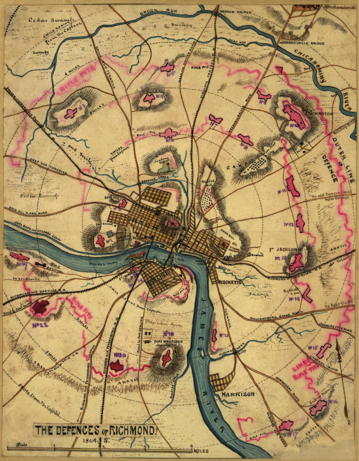 This old map of The Defenses of Richmond, from 1864 was created by Robert Knox Sneden in 1864