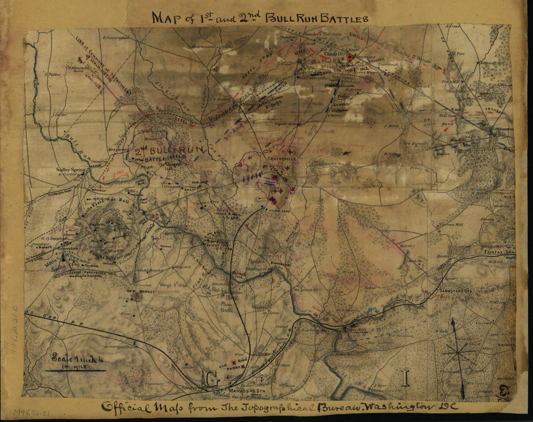 This old map of Map of 1st and 2nd Bull Run Battles. Official Map from the Topographical Bureau, Washington, D.C from 1862 was created by Robert Knox Sneden in 1862