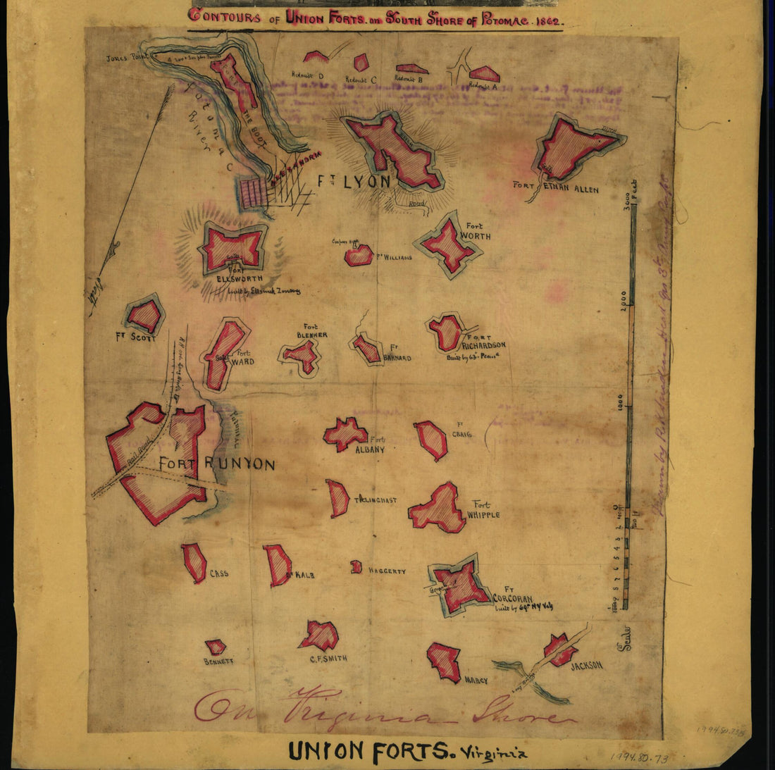 This old map of Contours of Union Forts On South Side of Potomac, from 1862 map. (Union Forts On the Virginia Shore) was created by Robert Knox Sneden in 1862