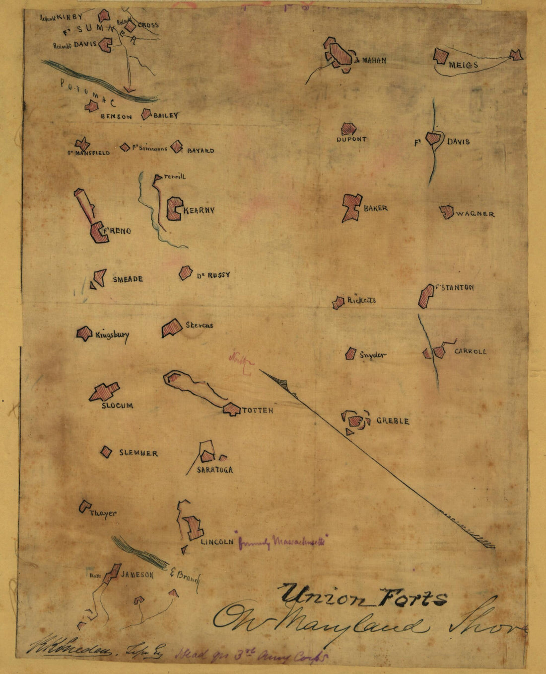 This old map of Union Forts On Maryland Shore (Contours of Union Forts On the North Side of the Potomac, 1862 :) from 1861 was created by Robert Knox Sneden in 1861