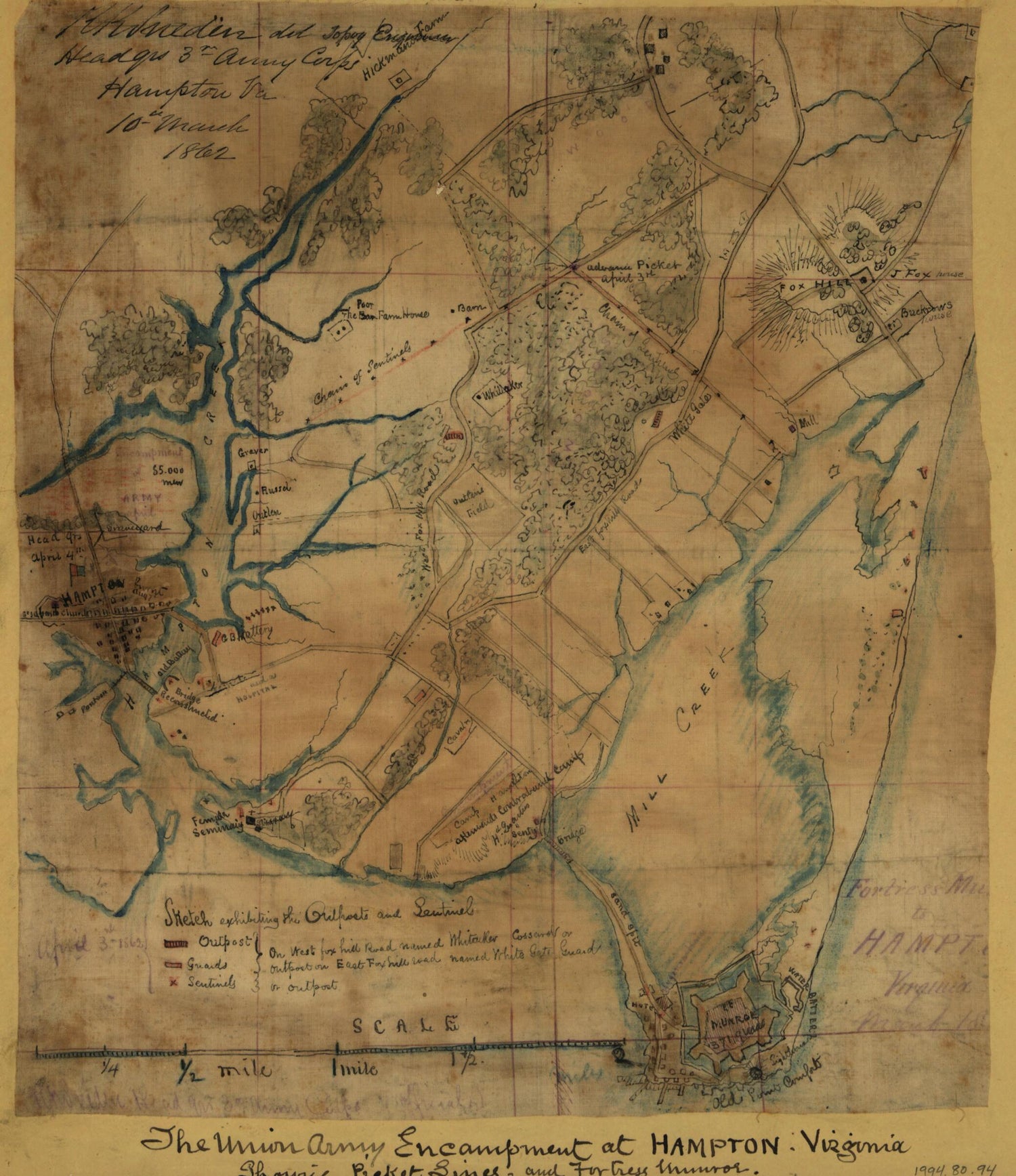 This old map of The Union Army Encampment at Hampton, Virginia Showing Picket Lines and Fortress Munroe sic from 1861 was created by Robert Knox Sneden in 1861