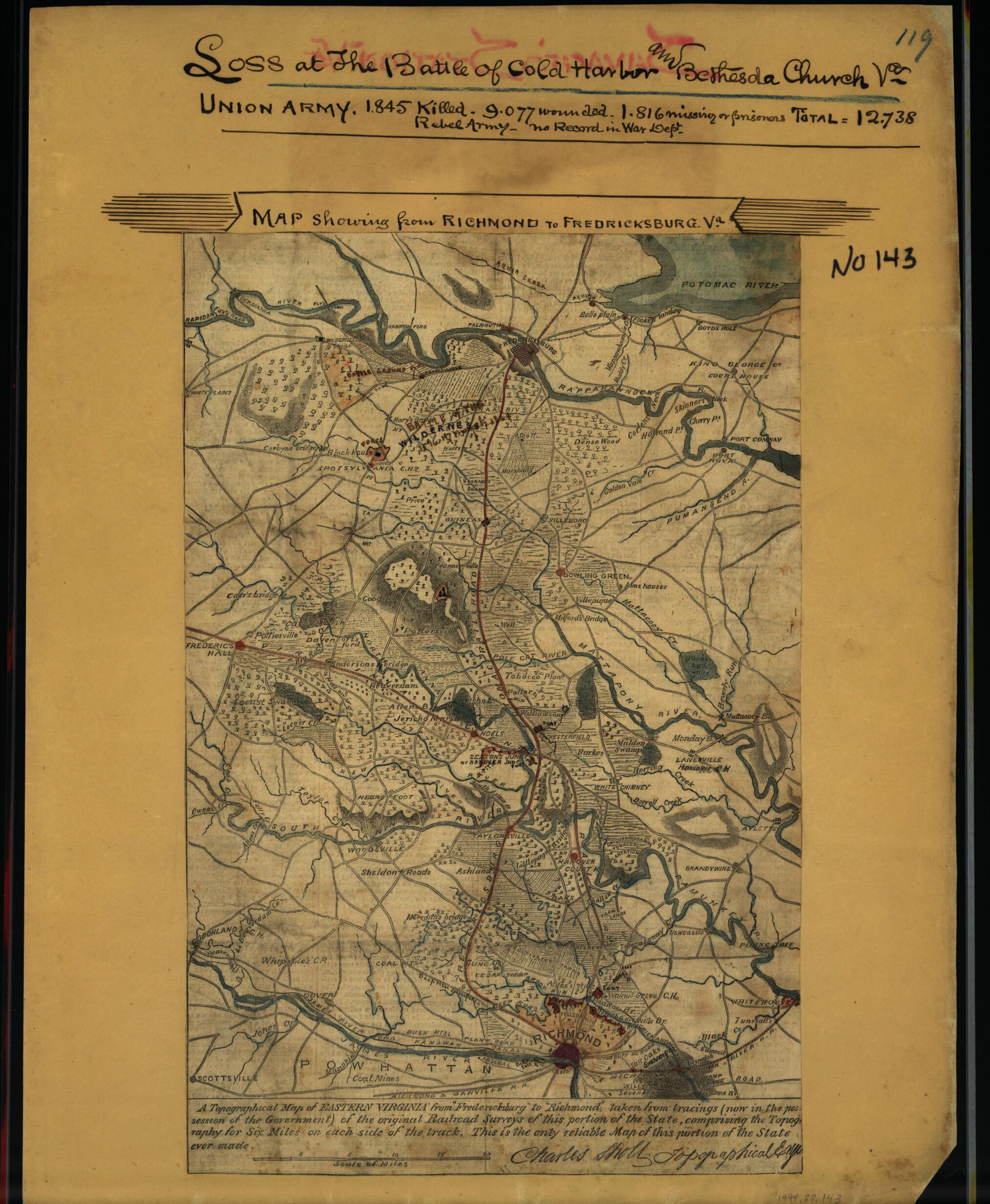 This old map of Map Showing from Richmond to Fredericksburg, Va from 1862 was created by Charles A. (Charles Anthony) Schott, Robert Knox Sneden in 1862