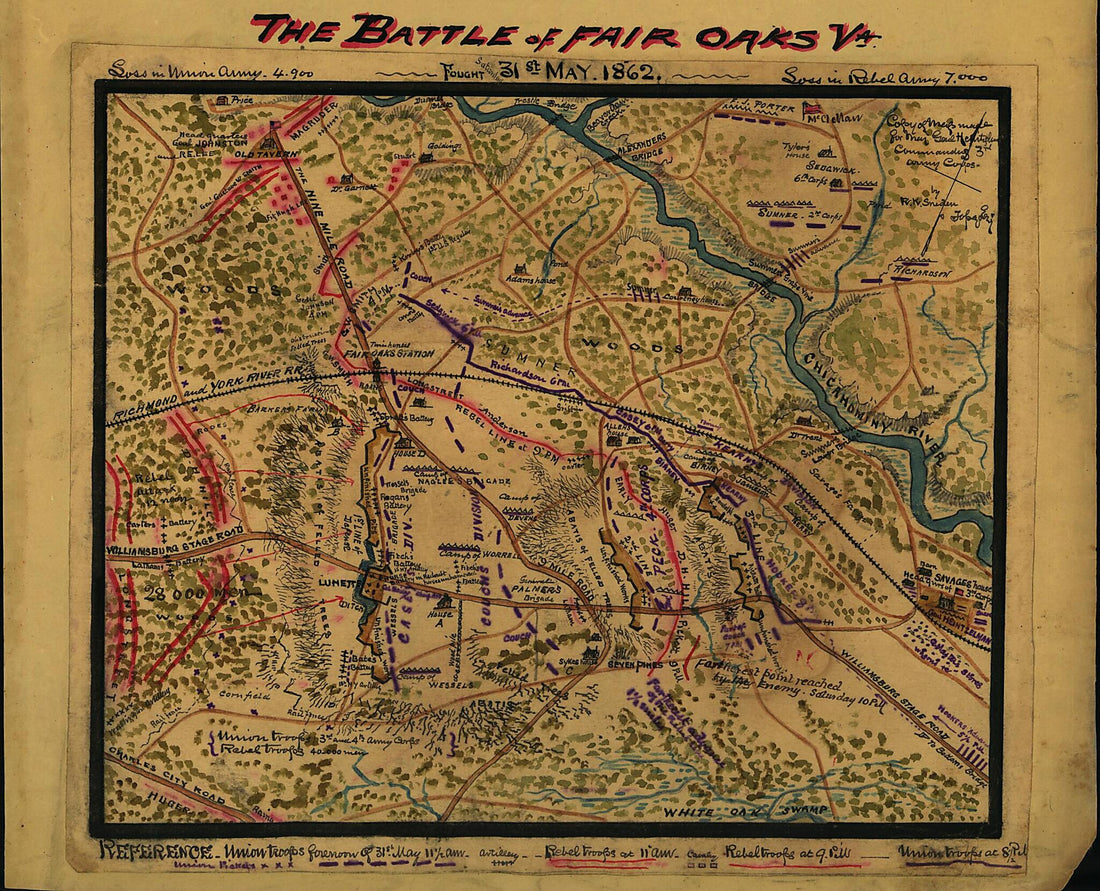 This old map of The Battle of Fair Oaks, Va. Fought 31st May 1862 from 05-31 was created by Robert Knox Sneden in 05-31