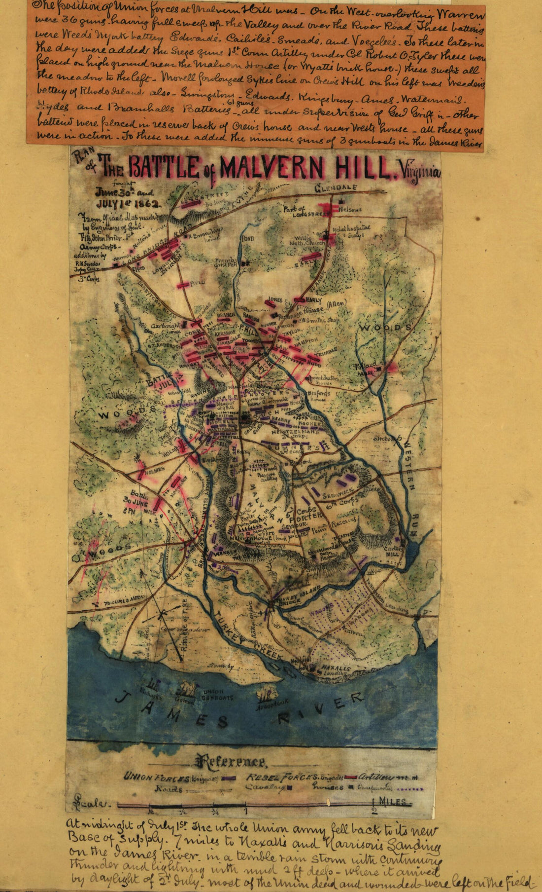 This old map of The Battle of Malvern Hill, Virginia from 07-01 was created by Robert Knox Sneden in 07-01