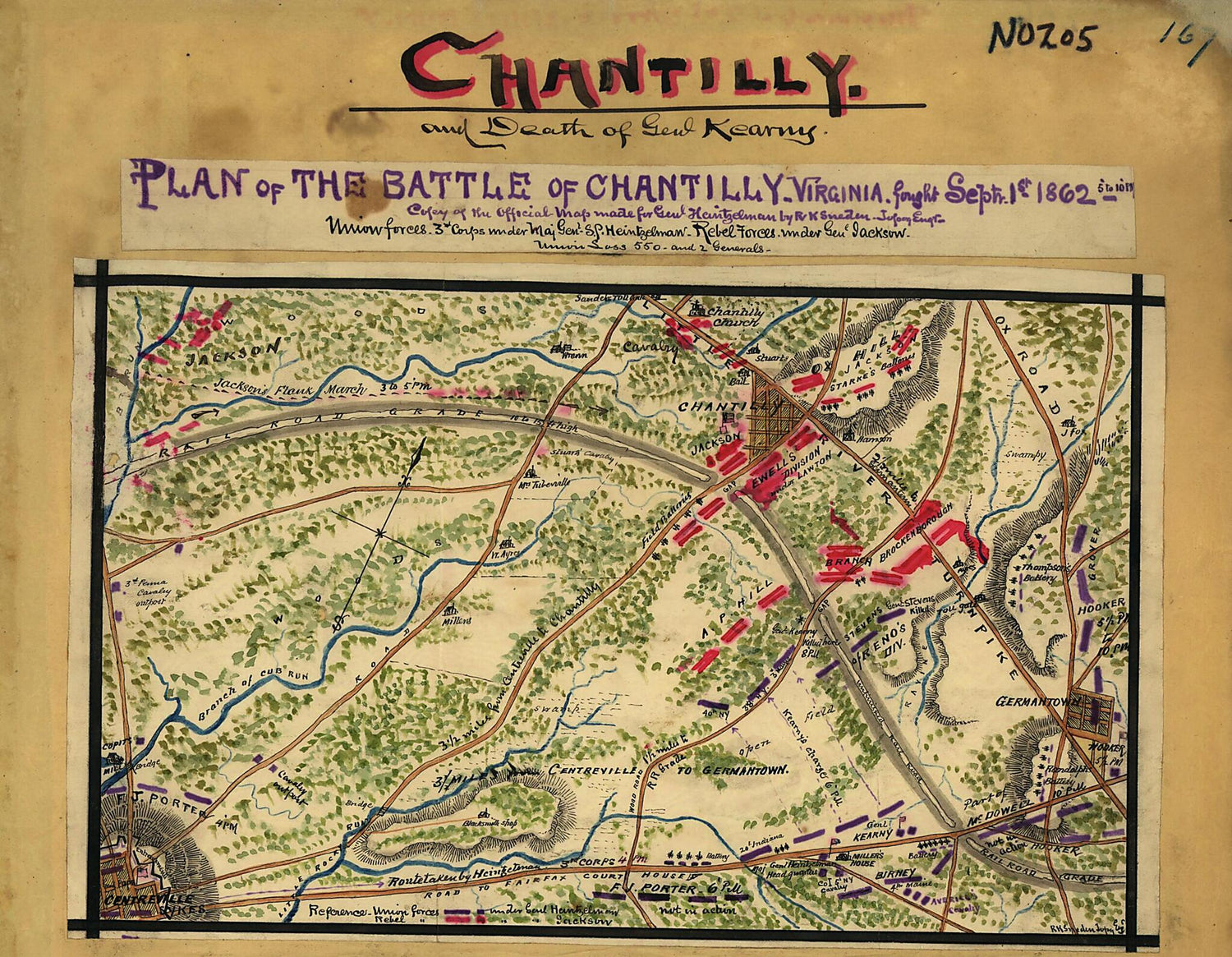This old map of Plan of the Battle of Chantilly, Virginia. Fought Septr. 1st 1862, 5 to 10 PM from 09-01 was created by Robert Knox Sneden in 09-01