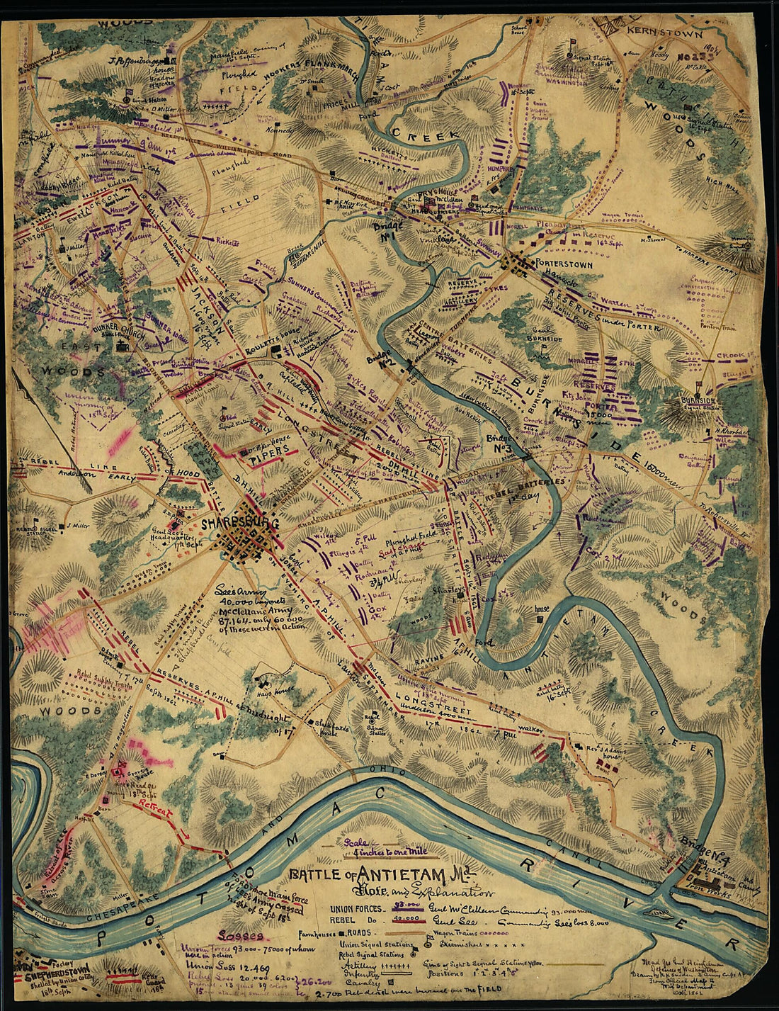 This old map of Battle of Antietam, Md from 1862 was created by Robert Knox Sneden in 1862