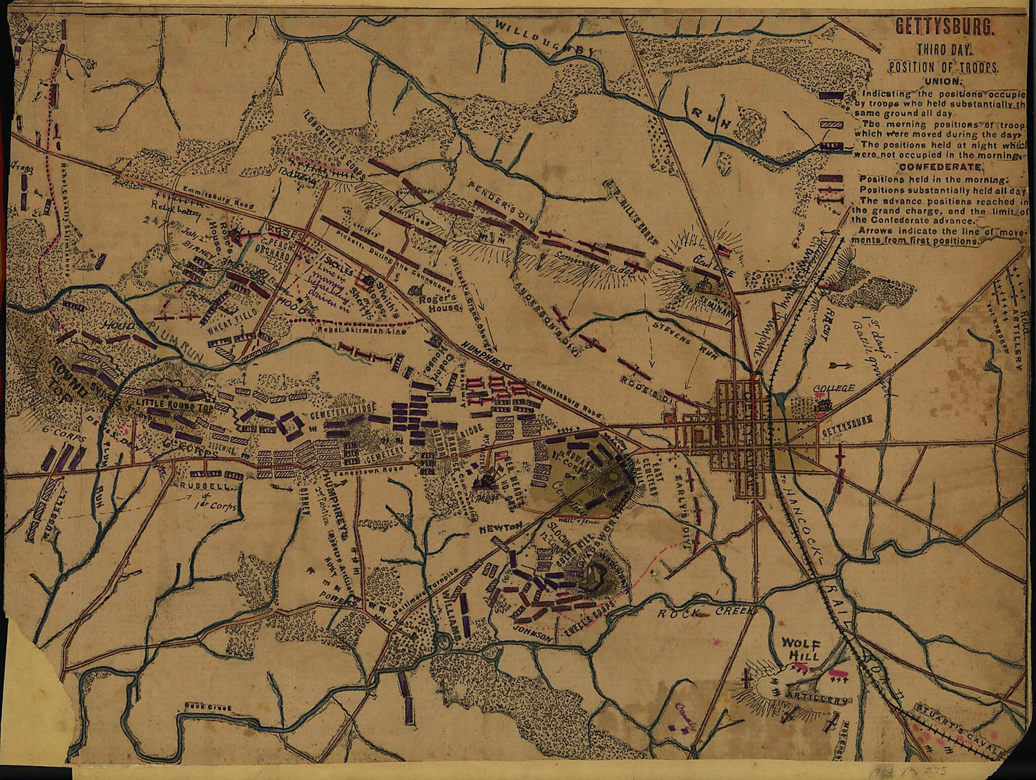 This old map of Gettysburg Third Day. Position of Troops from 07-02 was created by Robert Knox Sneden in 07-02
