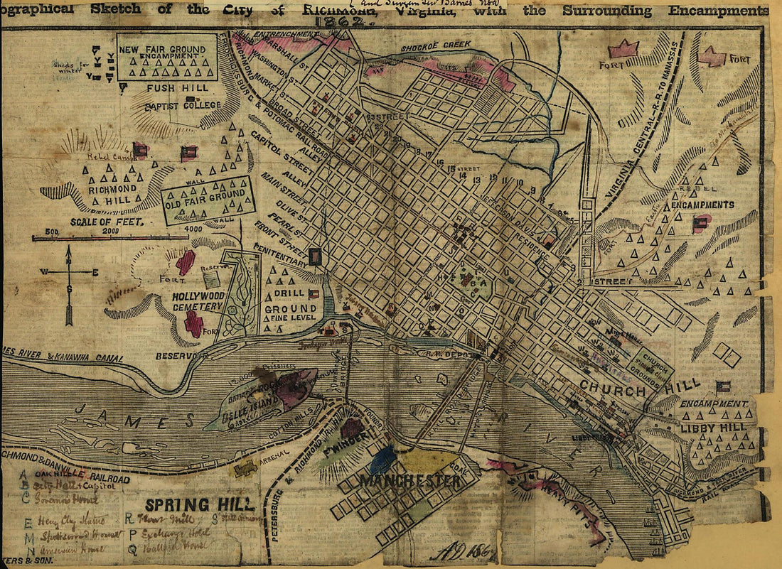 This old map of Geographical Sketch of the City of Richmond, Virginia, With Surrounding Encampments, from 1862 was created by Robert Knox Sneden in 1862